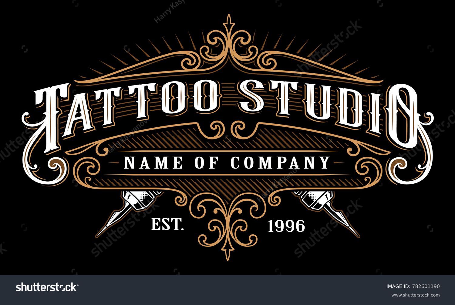 Vintage tattoo studio emblem. Tattoo lettering, logo template, shirt graphic. Text is on the separate layer. (version for dark background) #782601190