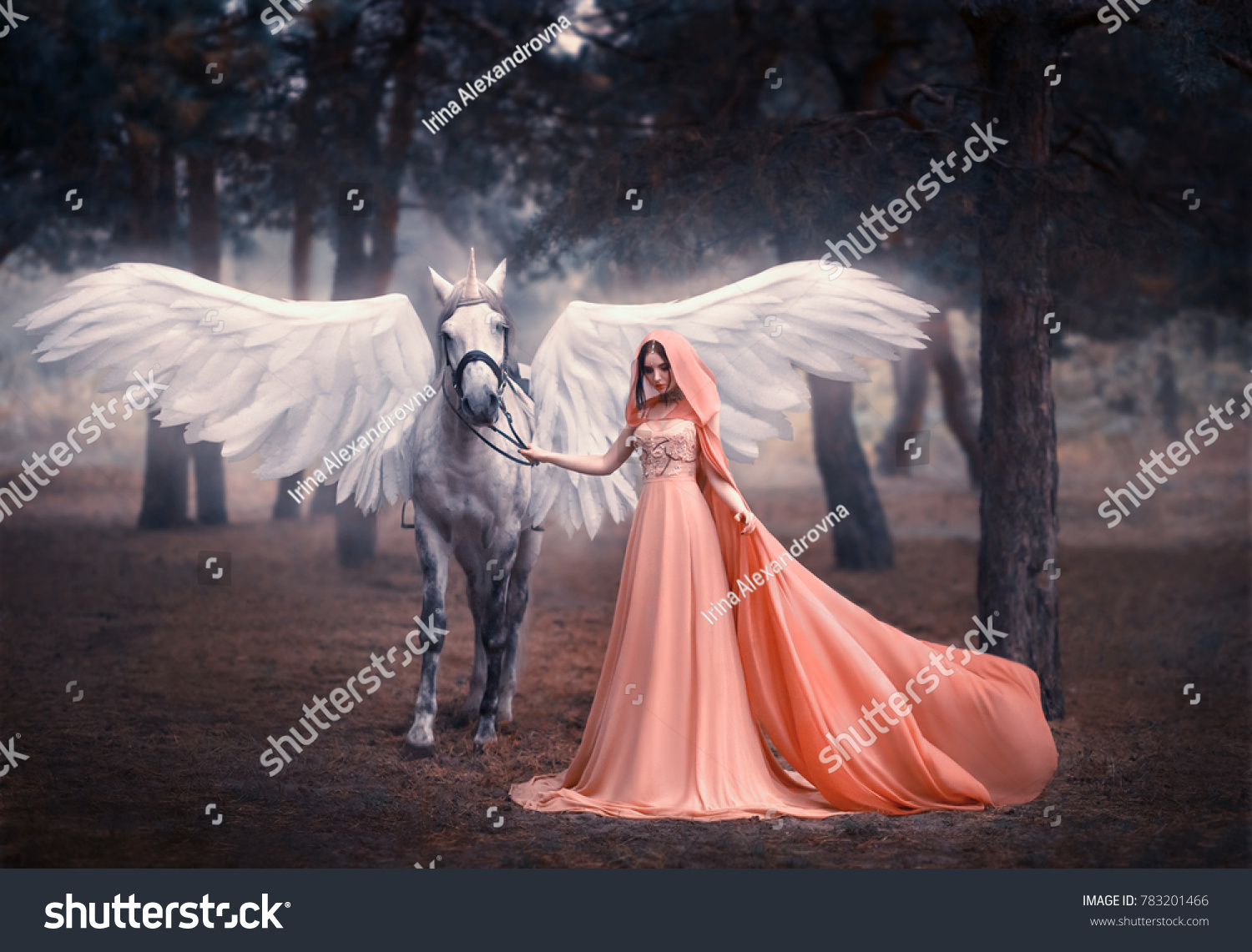 Beautiful, young elf, walking with a unicorn. She is dressed in a long orange dress with a cape, a hood. Artistic Photography #783201466