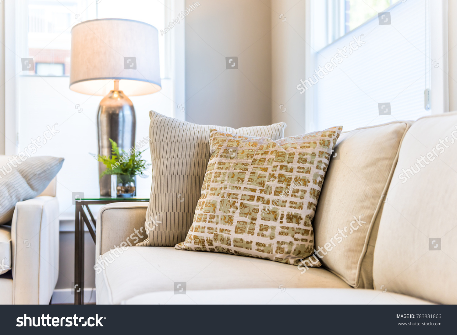 Closeup of two pillows on couch or sofa by bright window in modern apartment, house or home with staging of large beige, neutral white colors, lamp #783881866