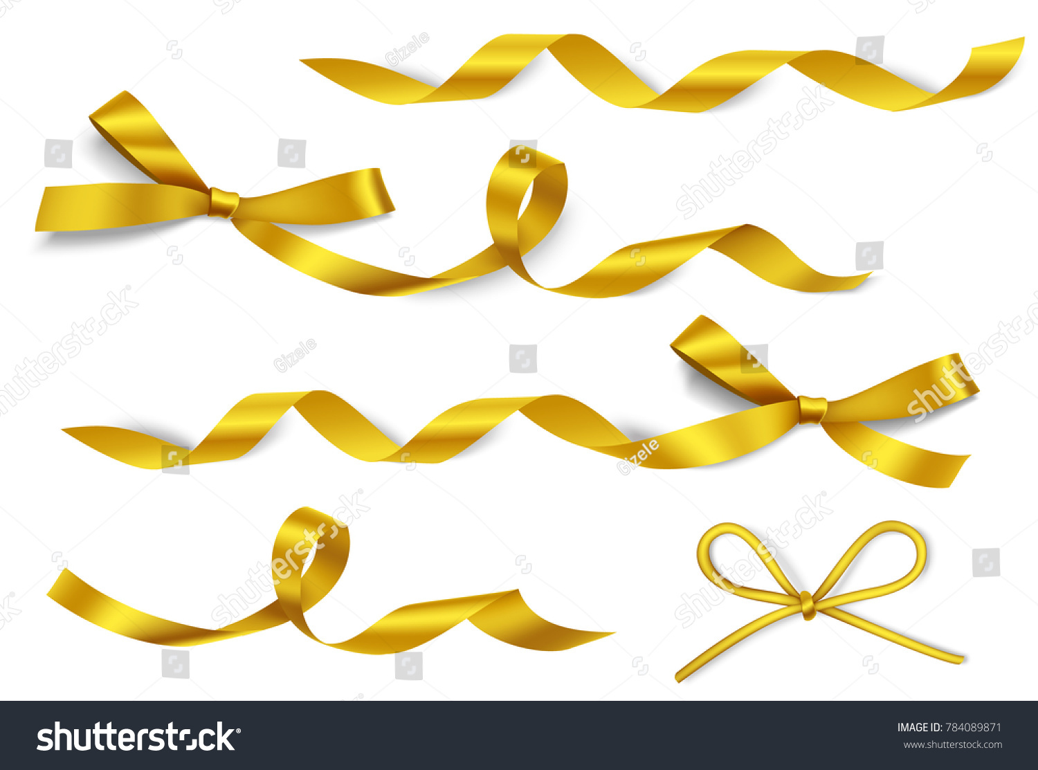 Beautiful set of decorative golden bows with long ribbon isolated on white background. Vector yellow bow. Holiday decorations #784089871