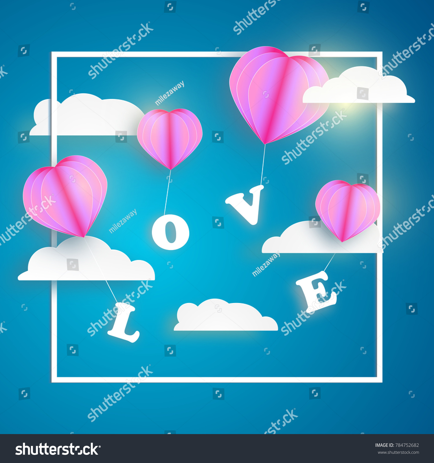 abstract pink heart balloon carrying LOVE letter in blue sky with white clouds and frame. Happy valentines day vector greetings card design #784752682
