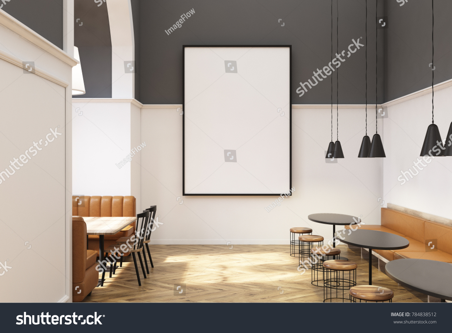 White and gray restaurant interior with brown sofas standing near rectangular and round wooden tables, and a vertical poster. 3d rendering mock up #784838512