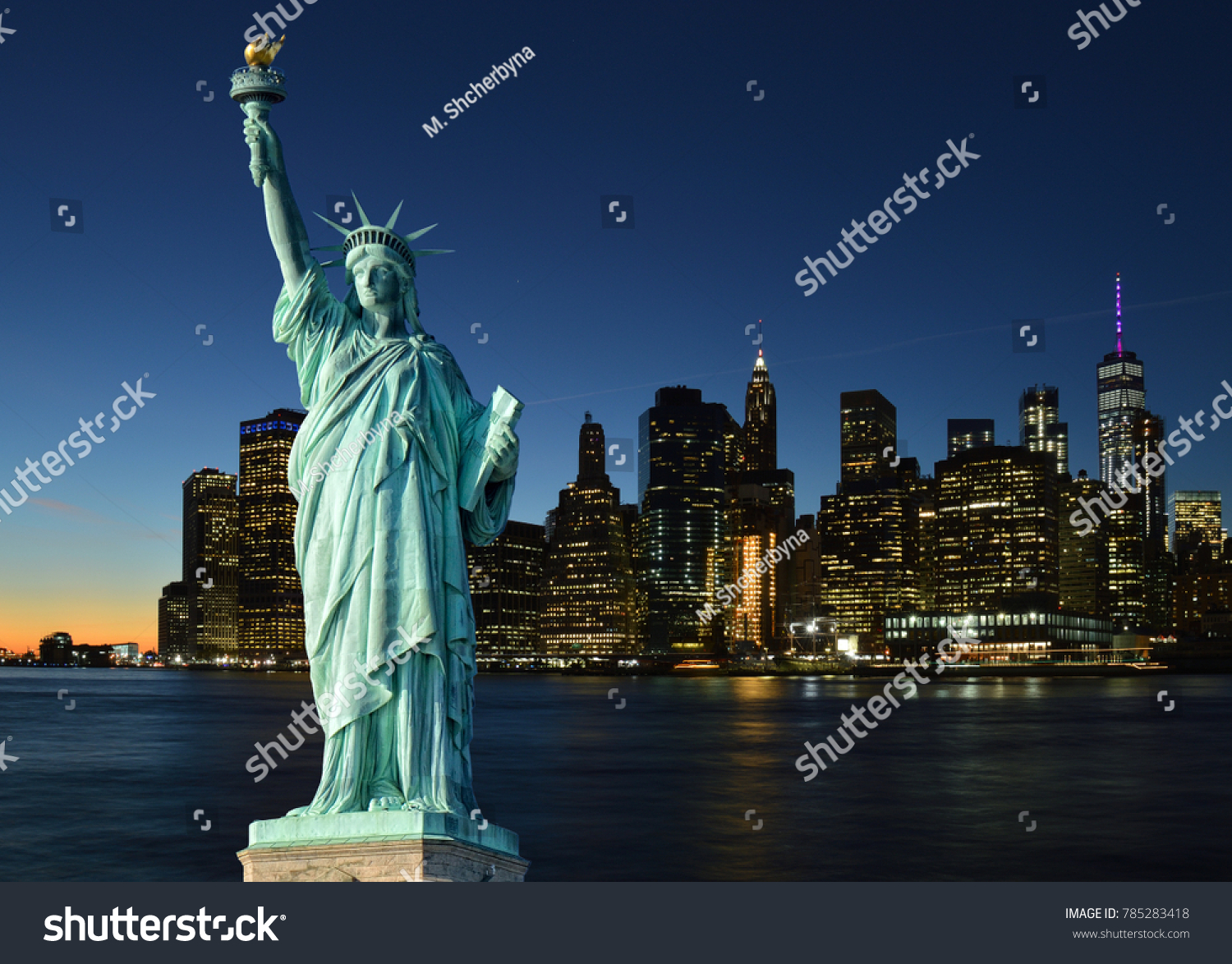 Collage with Manhattah skyline and Statue of Liberty. #785283418