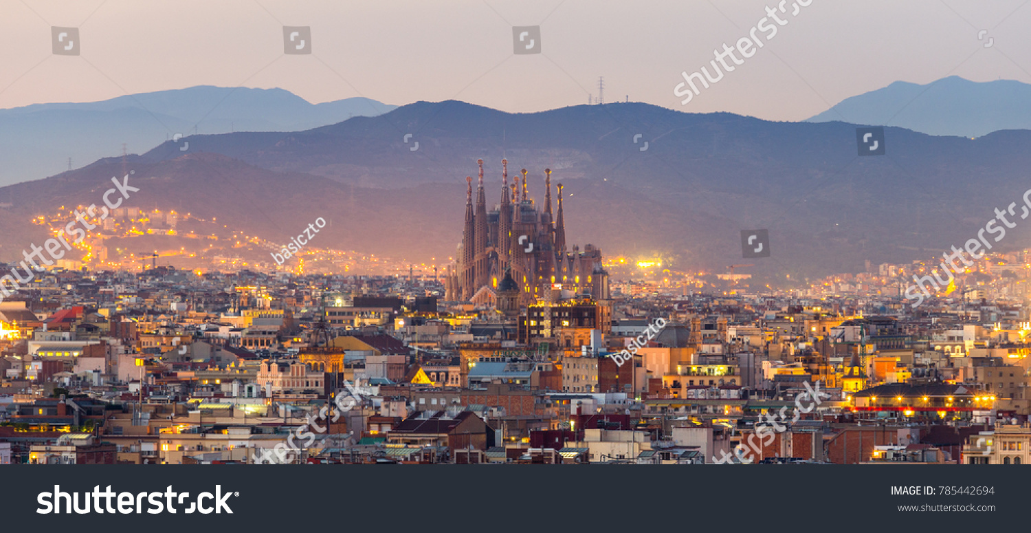 Aerial Panorama view of Barcelona city skyline and Sagrada familia at dusk time,Spain #785442694