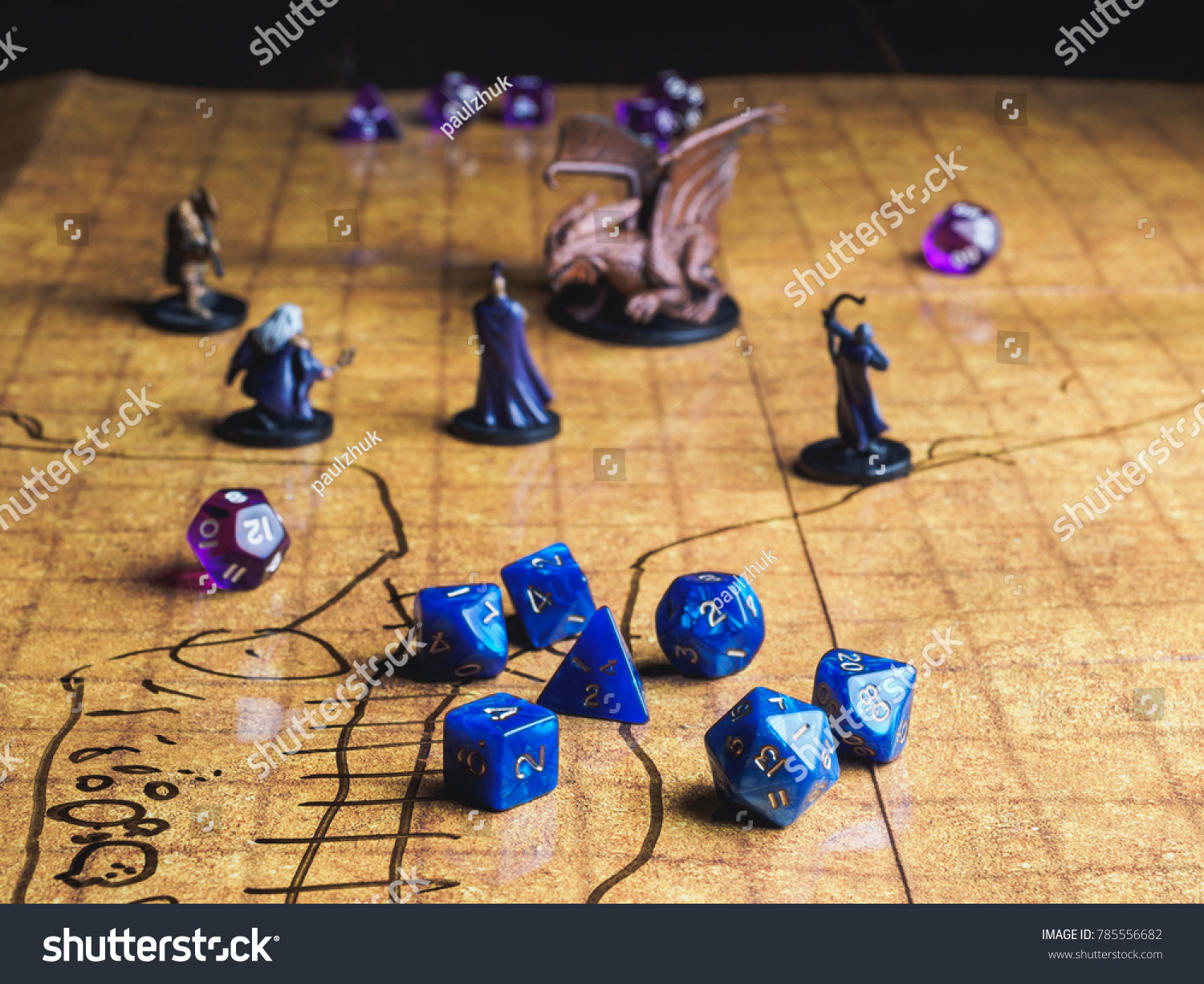 Game field of roleplaying party with dices and miniatures. #785556682