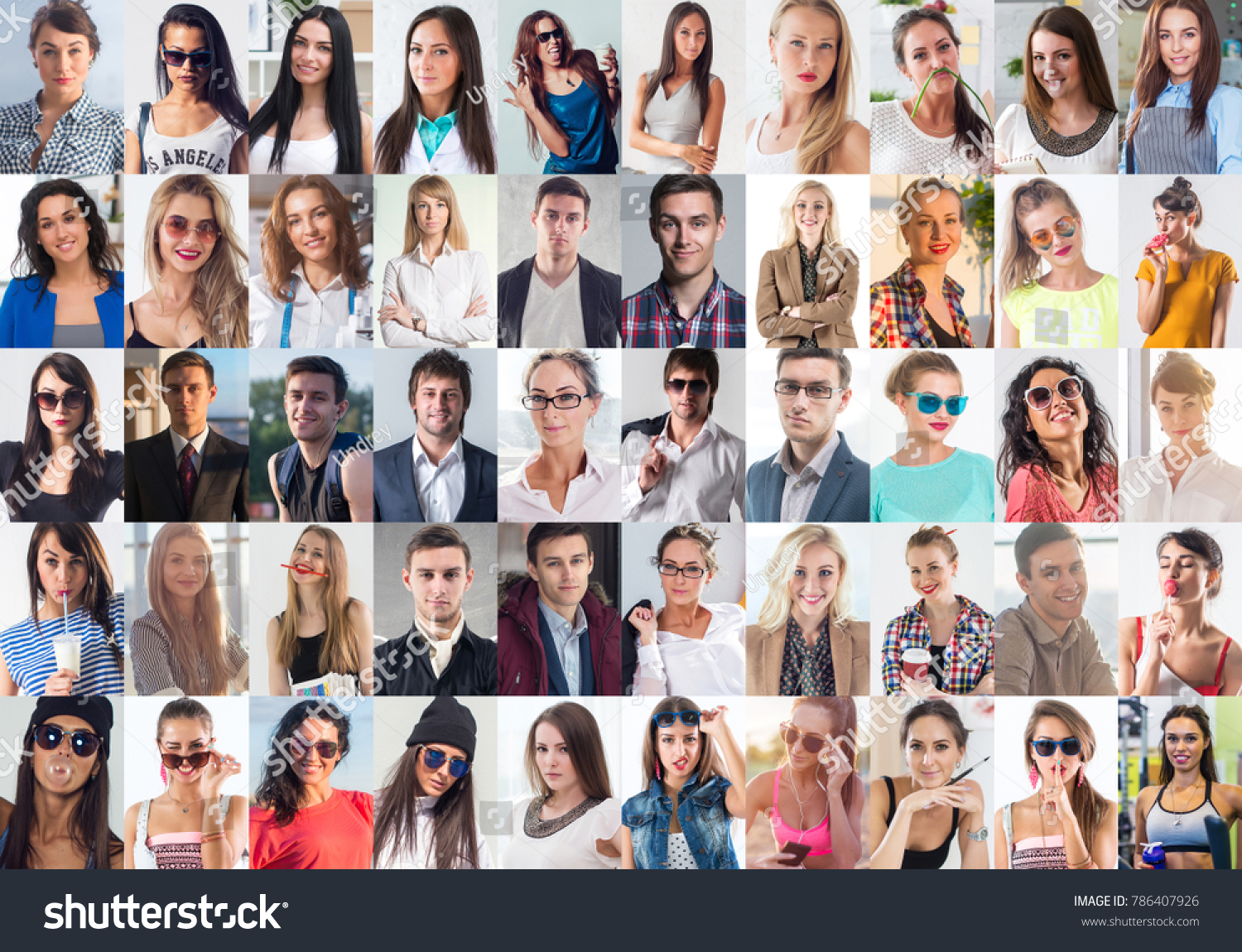Collection of different many happy smiling young people faces caucasian women and men. Concept business, avatar. #786407926