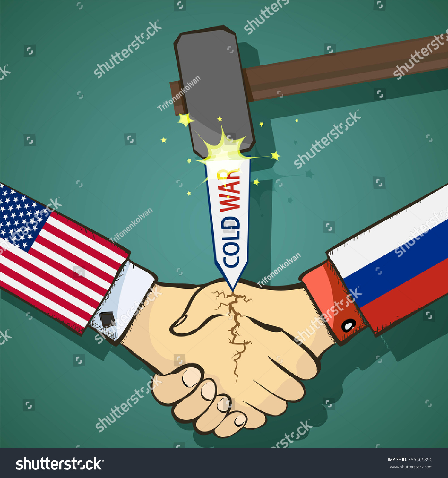 Cold war between the USA and Russia. Handshake of two people. Stock flat graphic illustration. #786566890