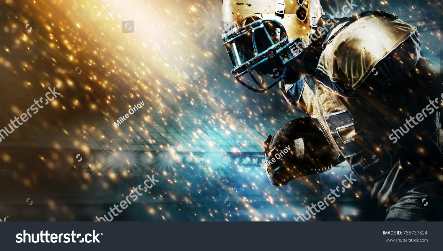 American football sportsman player on stadium running in action. Sport wallpaper with copyspace. #786737824