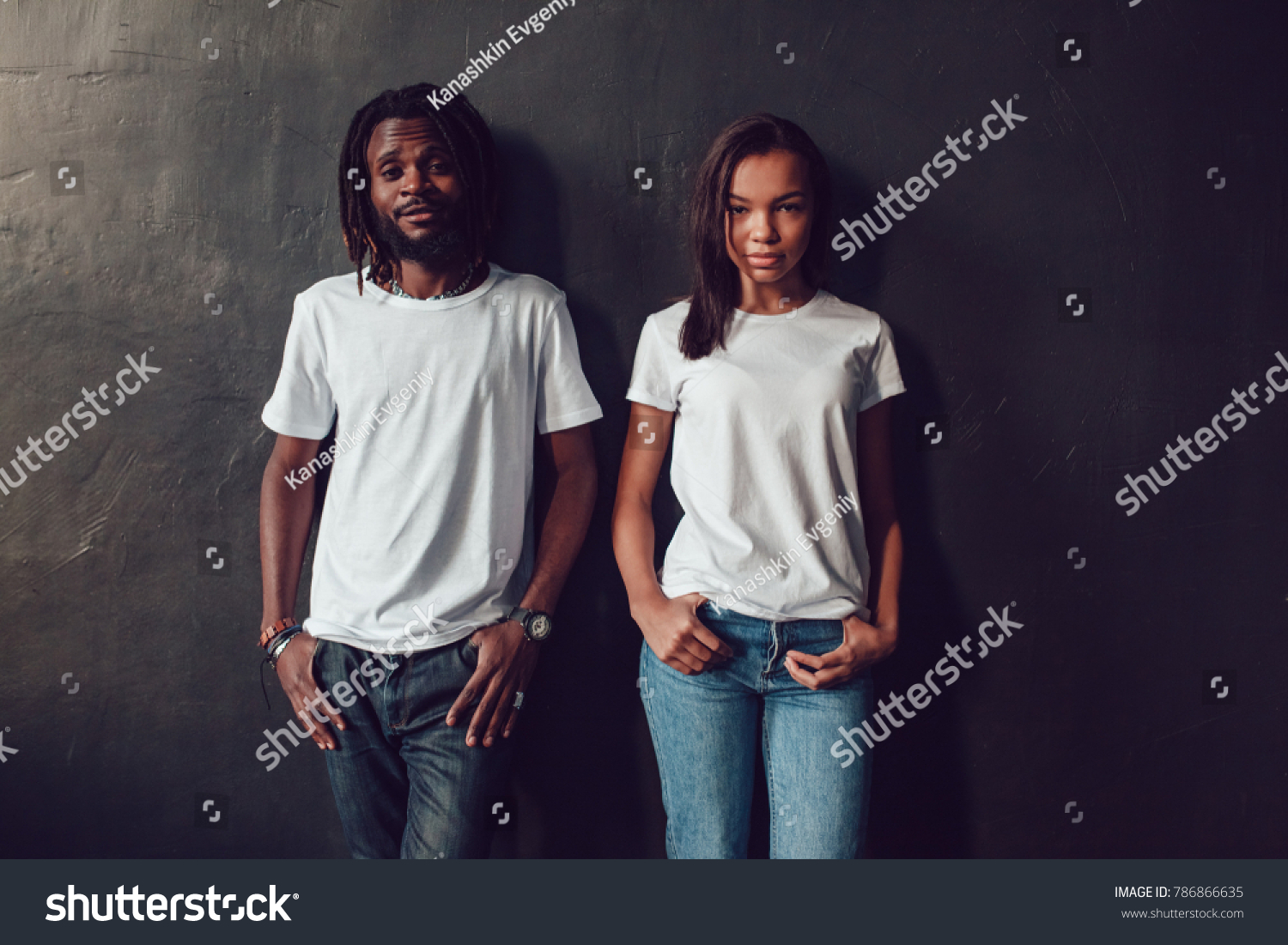 Beautiful African American couple in white t-shirts. Mock-up. #786866635