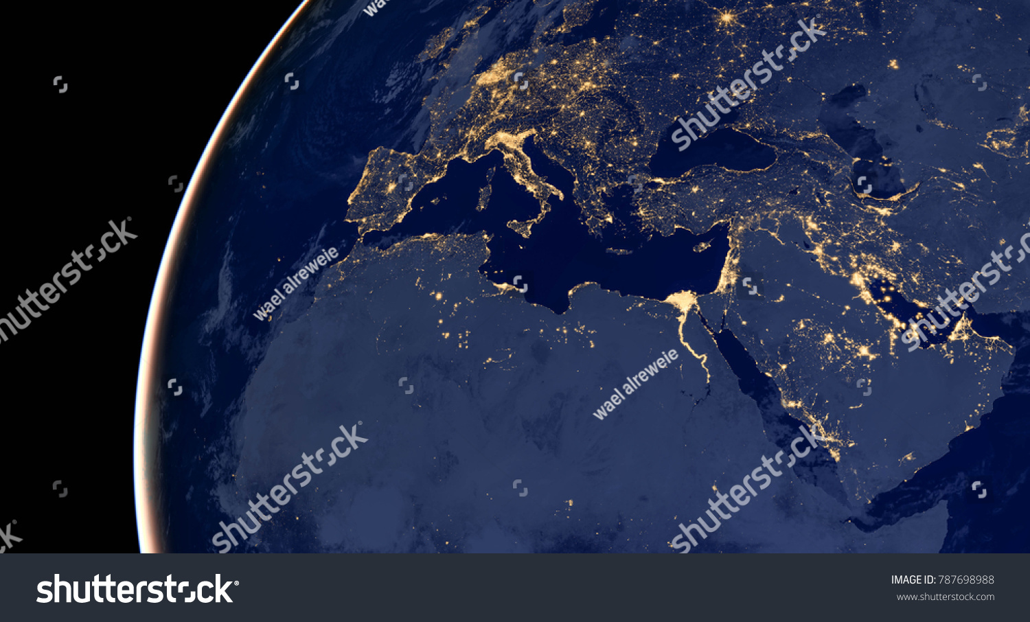 Middle east, west asia, east europe lights during night as it looks like from space. Elements of this image are furnished by NASA. #787698988
