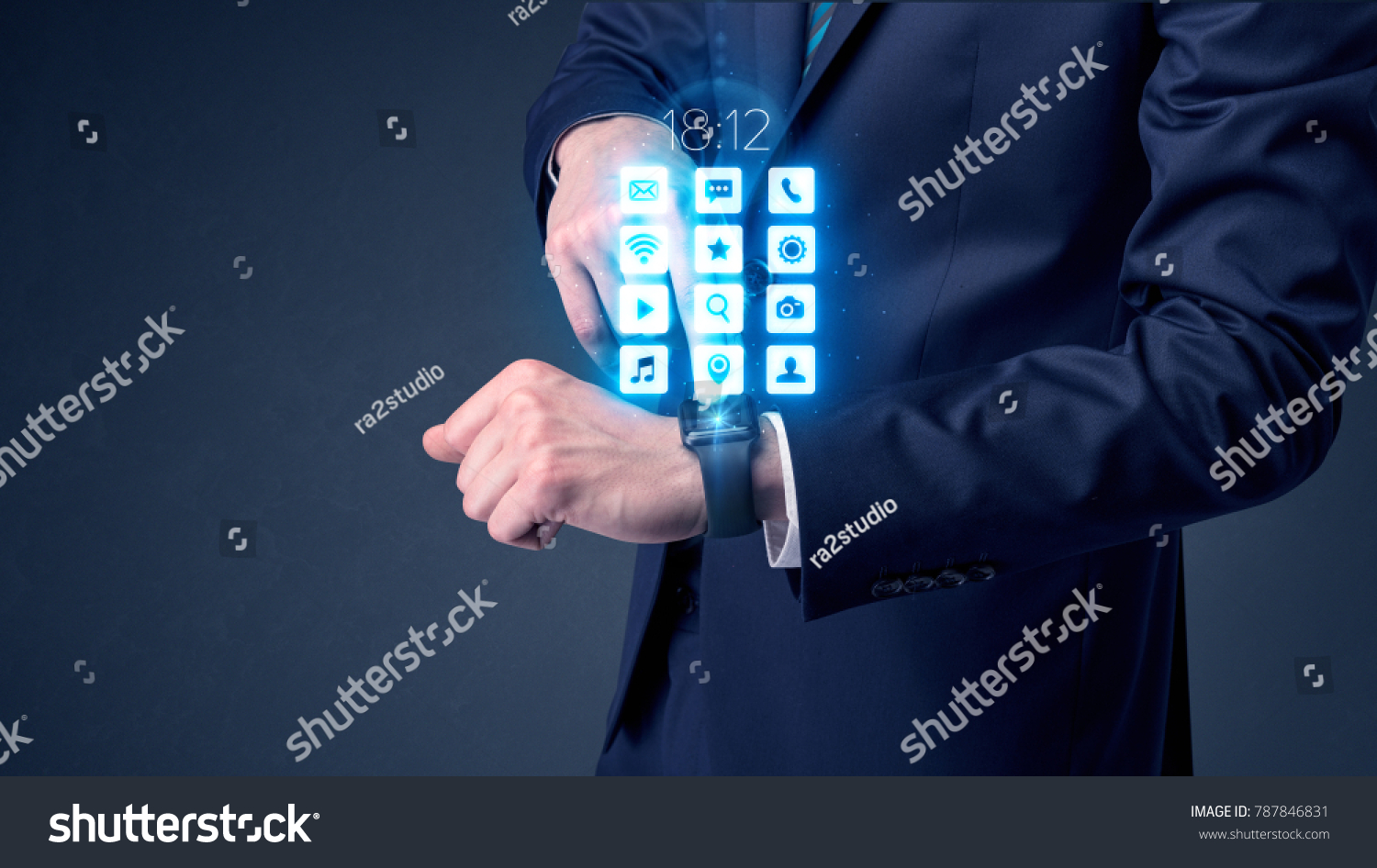 Businessman wearing smartwatch with application icons. #787846831
