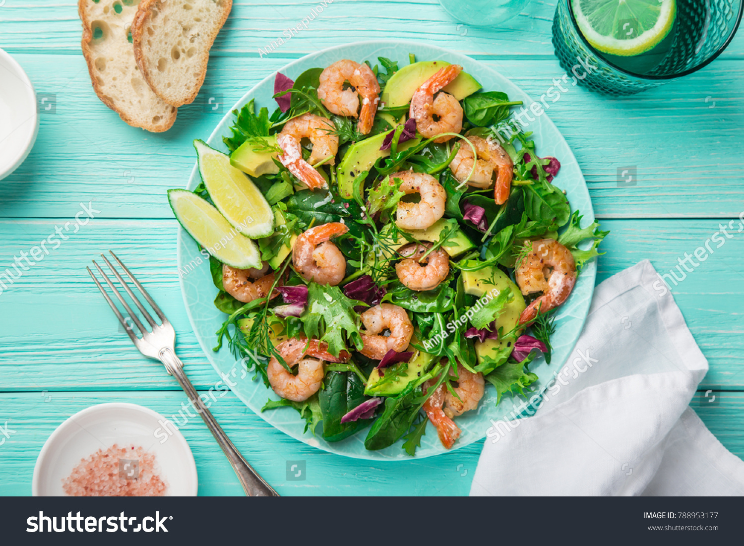 fresh healthy avocado and shrimps salad. Top view #788953177
