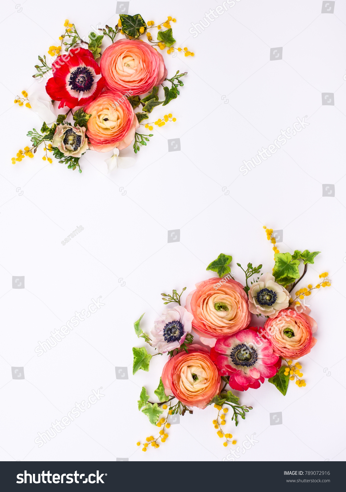 Festive flower composition made of fresh buttercups and anemone on the white background. Overhead view. #789072916