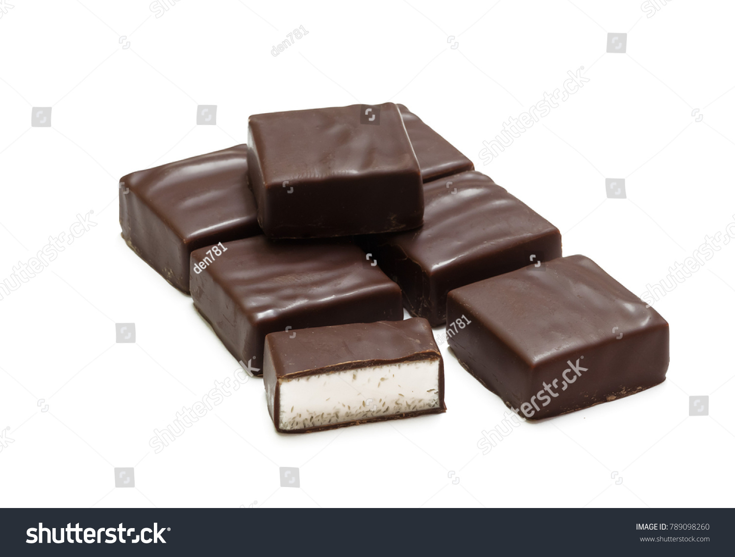 Chocolate candies isolated on white background, bird's milk #789098260