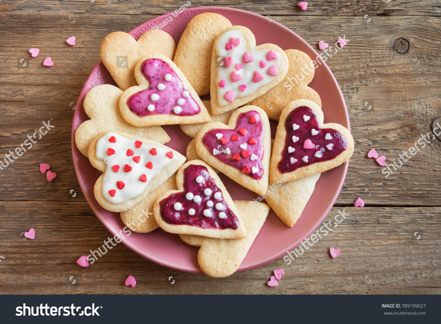 Glazed heart shaped cookies for Valentine's day - delicious homemade natural organic pastry, baking with love for Valentine's day, love concept #789199027