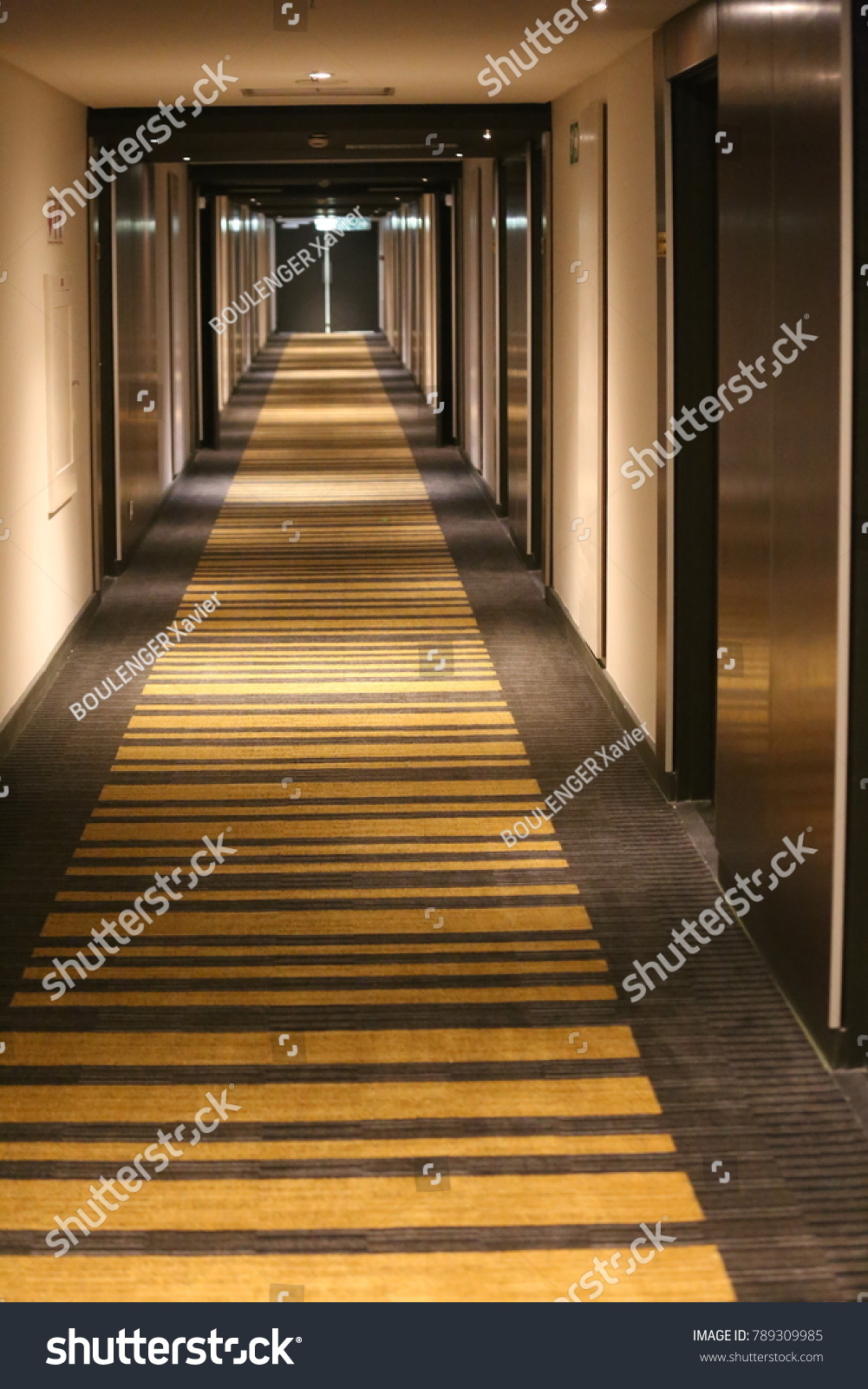 View of a dark corridor with leading lines. The space is empty and nobody can be seen. Form as a tunnel with rectangles in perspective. Convergence of lines in the direction of a light at the end.   #789309985