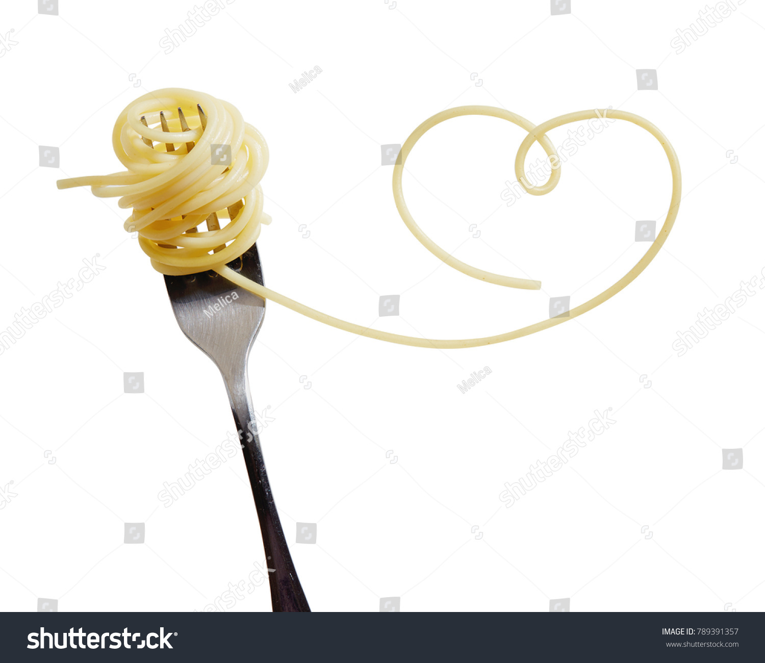 Swirls of cooked spaghetti with fork. Spaghetti heart shape.  #789391357