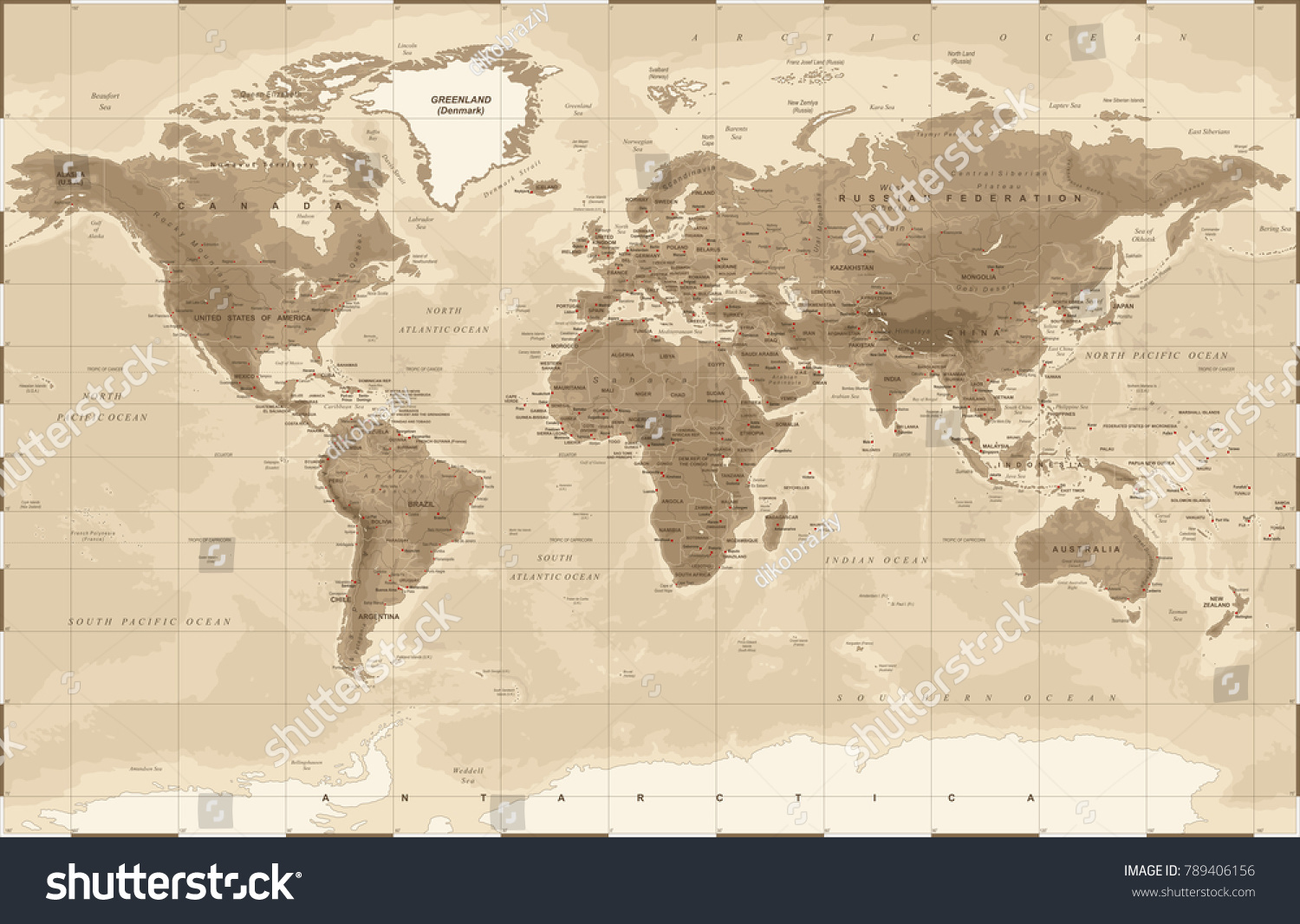 World Map Physical Vintage - vector illustration #789406156