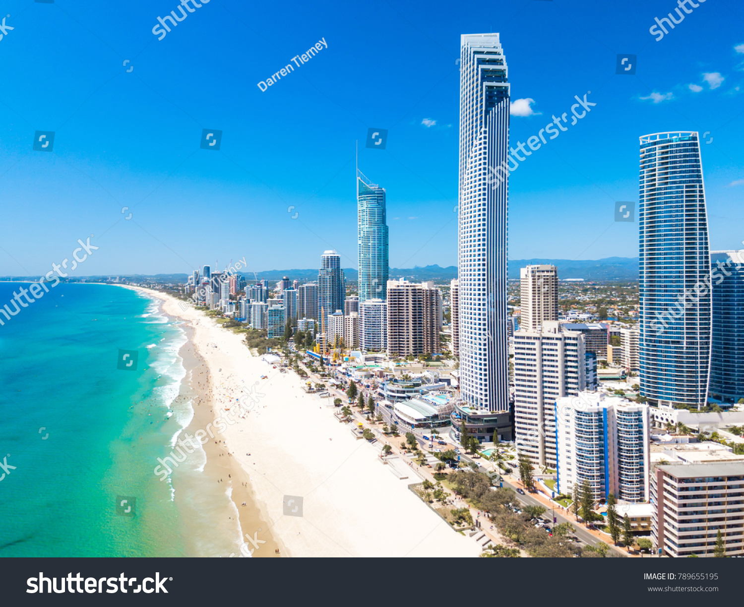 Surfers Paradise aerial view on a clear day on the Gold Coast with blue water #789655195