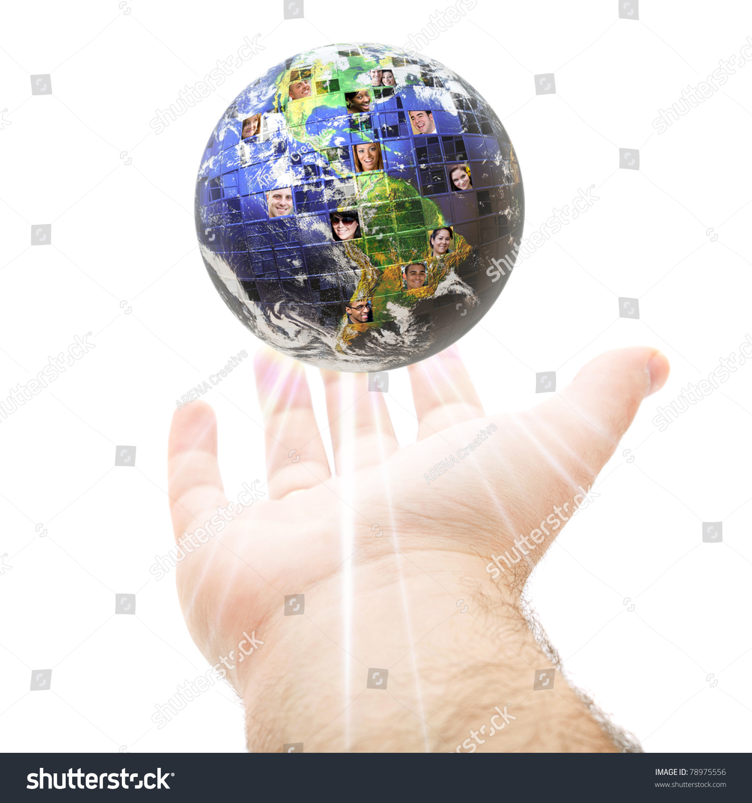An abstract conceptual montage of a hand holding up the earth filled with people of all different races nationalities and background.  Great for social media and communications concepts. #78975556