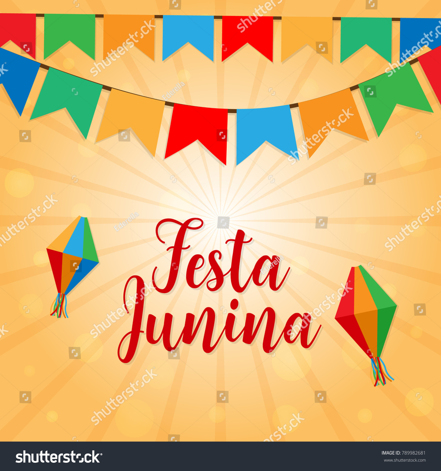 Festa Junina june Brazil festival vector background with garlands in Brazil flag colors #789982681