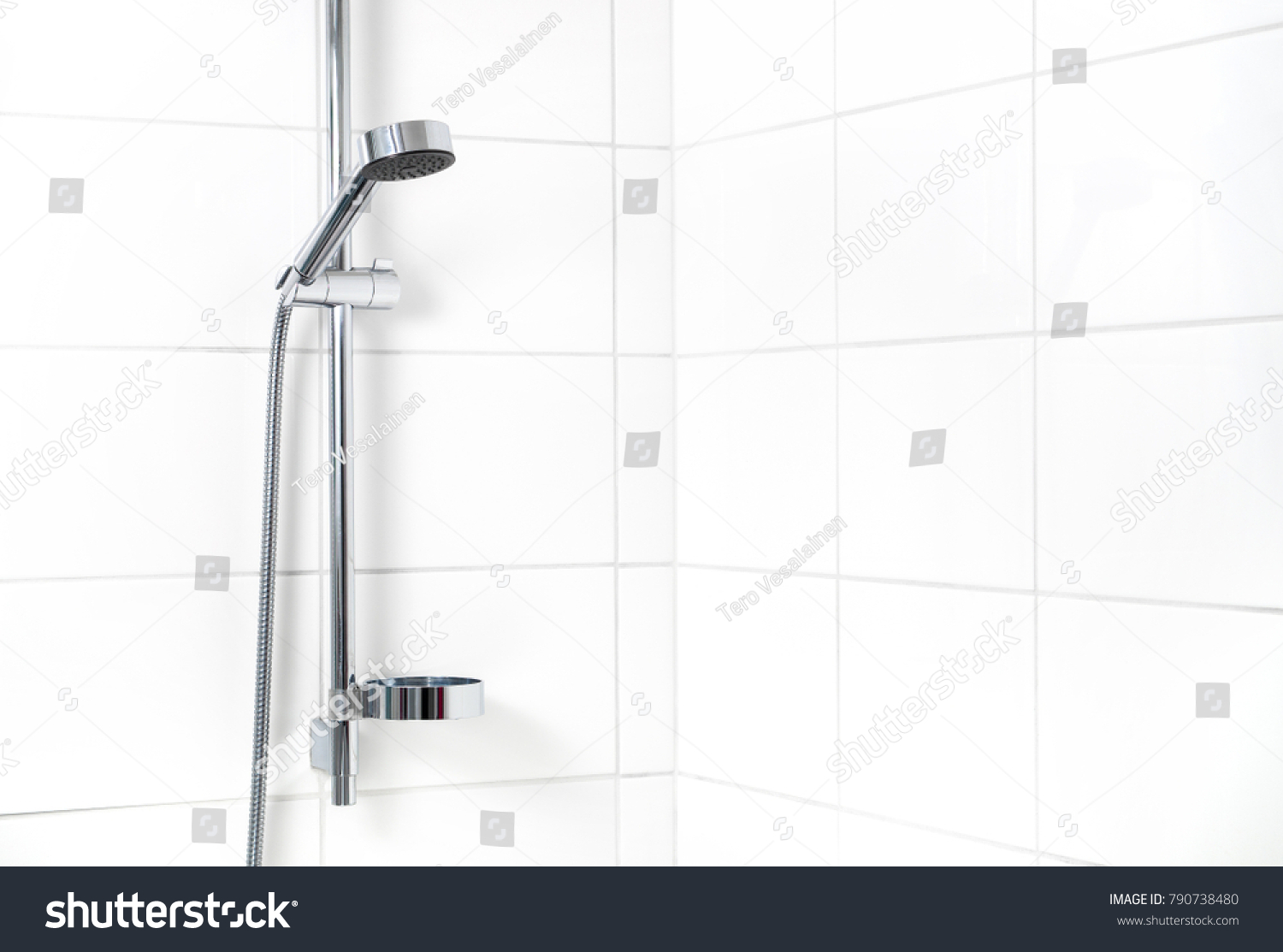 Modern shower with white wall tiles. Simple stylish Scandinavian home interior design. Clean fresh bathroom. #790738480