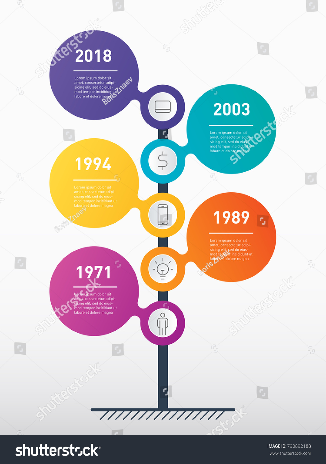 Vertical Timeline infographics. The development and growth of the business. Business concept with 5 parts, steps or processes. Time line of tendencies and trends graph. #790892188