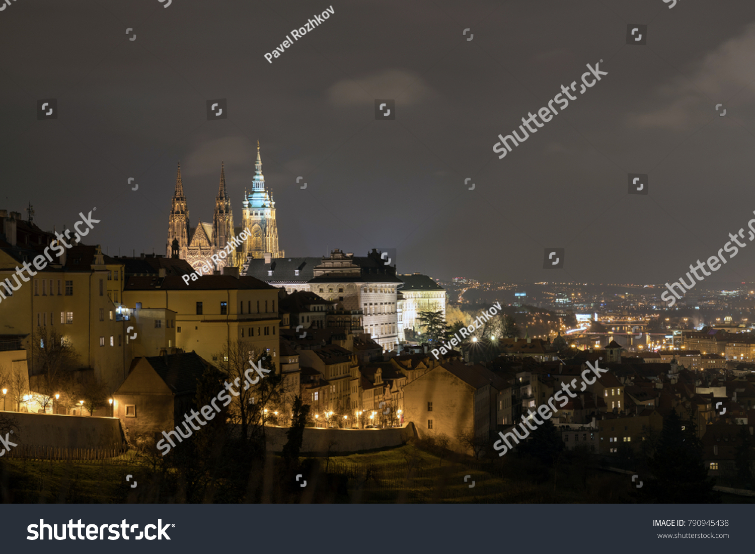 The Metropolitan Cathedral of Saints Vitus, Wenceslaus and Adalbert is a Roman Catholic metropolitan cathedral in Prague, the seat of the Archbishop of Prague. At night.
 #790945438