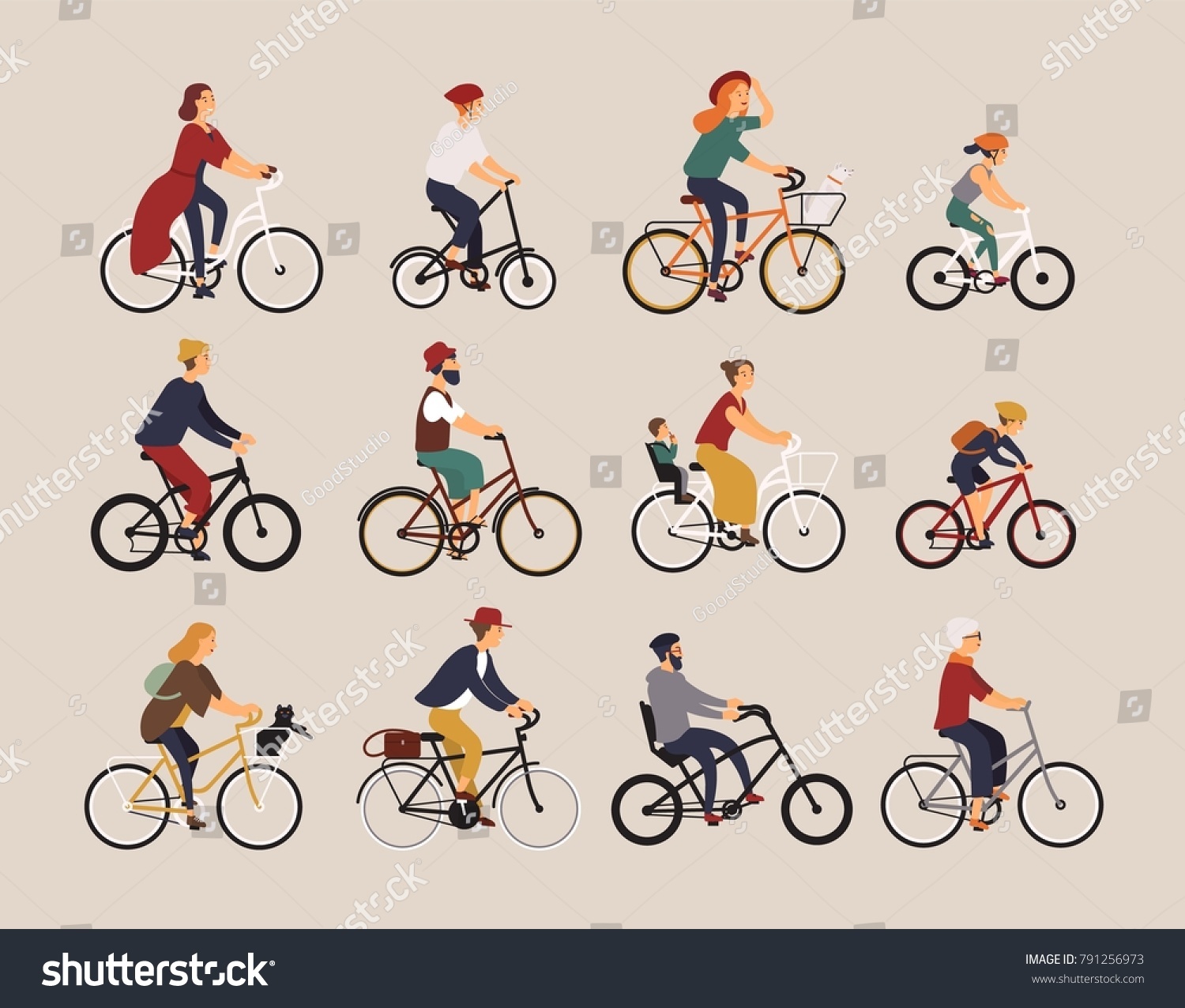 Collection of people riding bicycles of various types - city, bmx, hybrid, chopper, cruiser, single speed, fixed gear. Set of cartoon men, women and children on bikes. Colorful vector illustration. #791256973