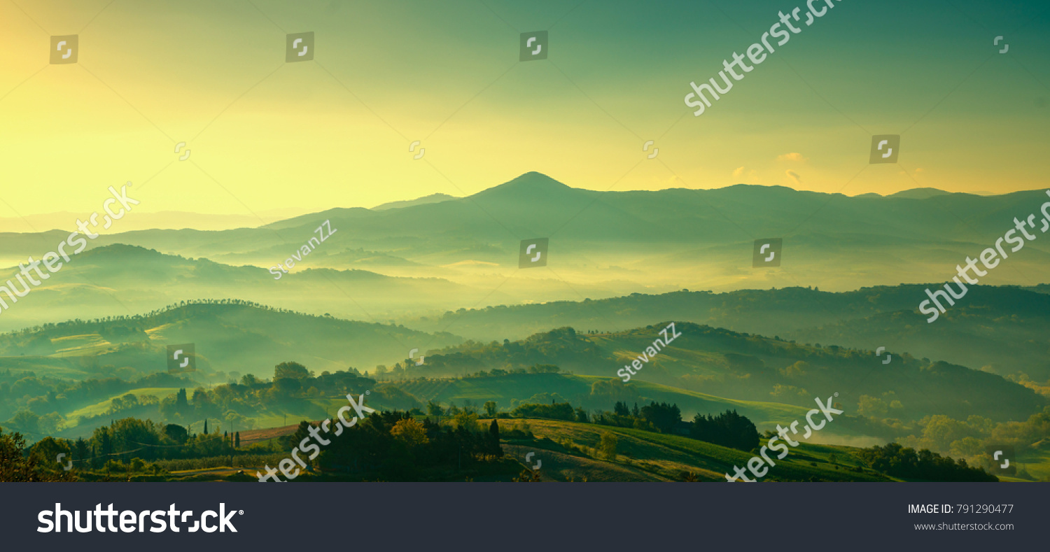 Maremma, rural sunrise landscape. Countryside farm and green fields. Tuscany, Italy, Europe. #791290477