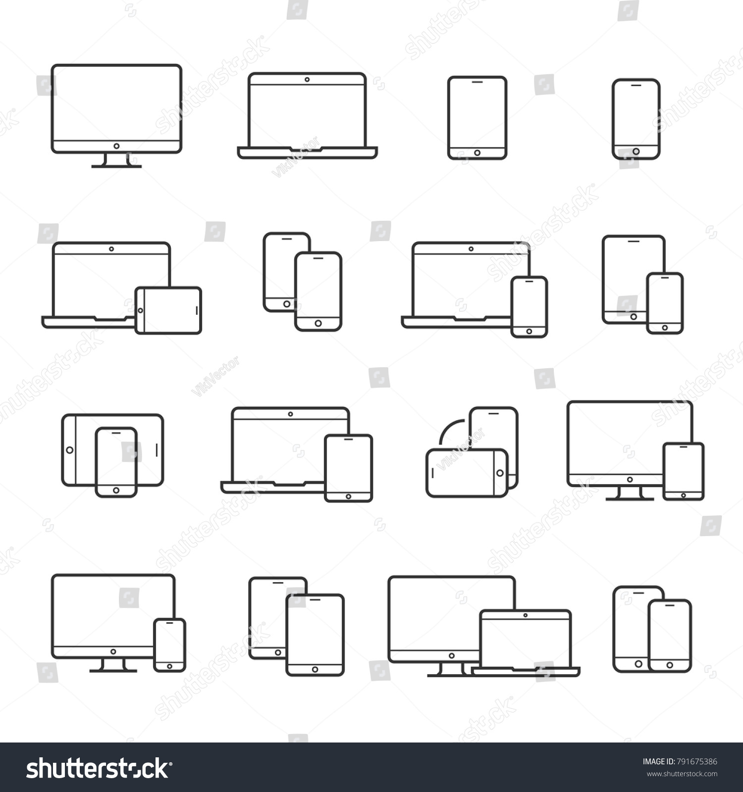 Device line icon set. Portable compact personal computer, smartphone, mobile phone, gadgets for information management, mobile calls, email sending. Vector line art illustration, white background