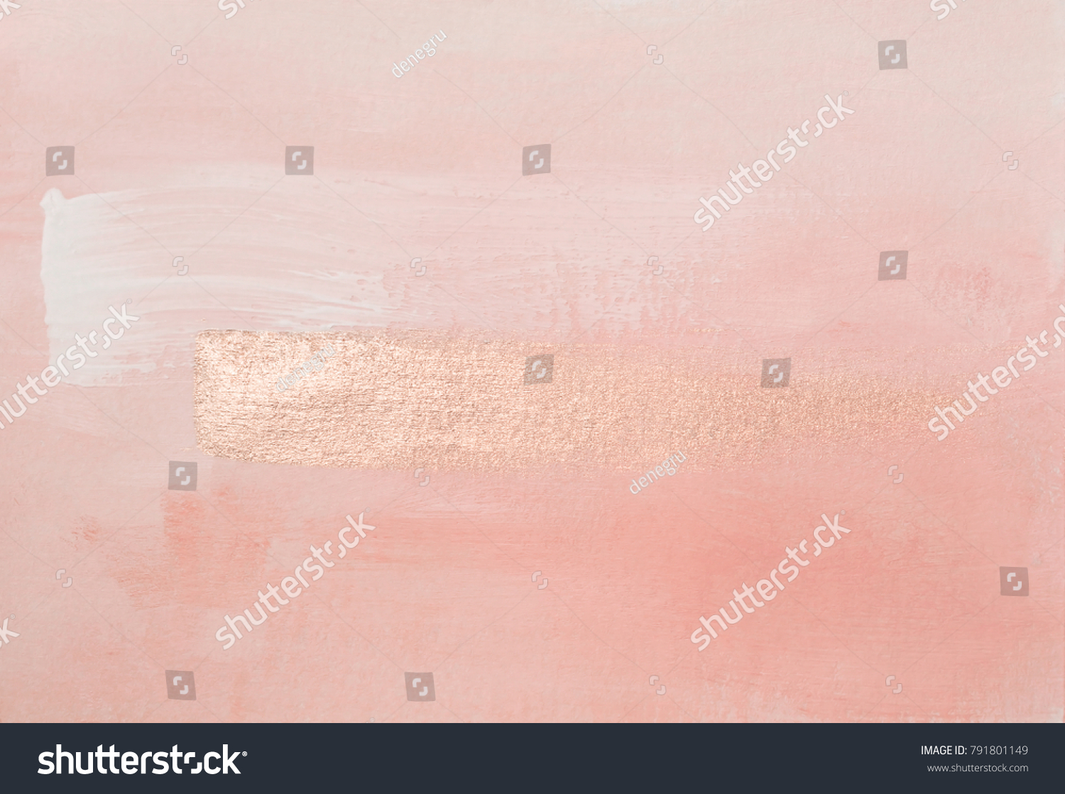 Handmade modern subtle pink abstract painted background texture with shiny metallic golden brush stroke #791801149