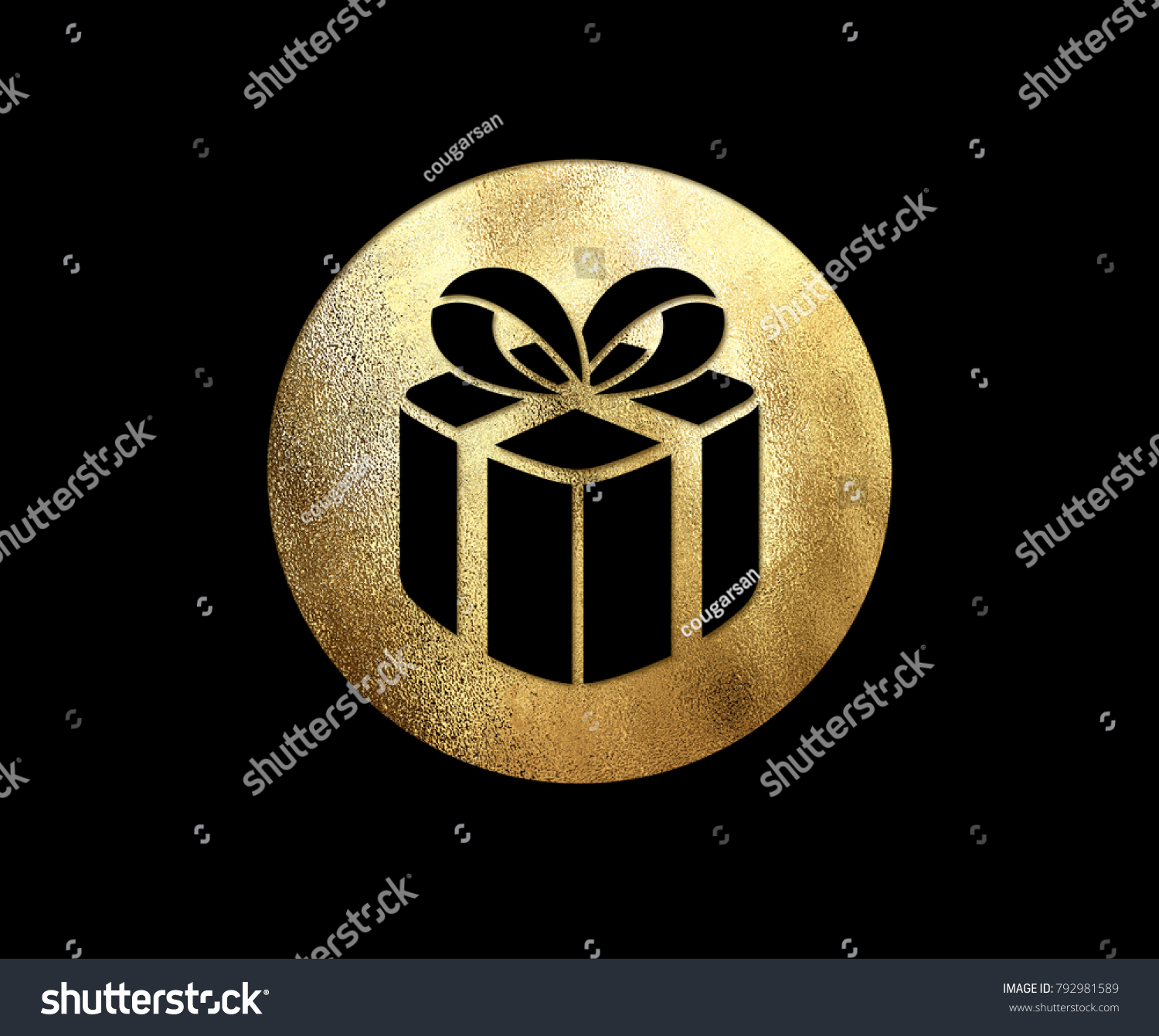 The isolated golden glitter Christmas gift box flat icon on black background #792981589