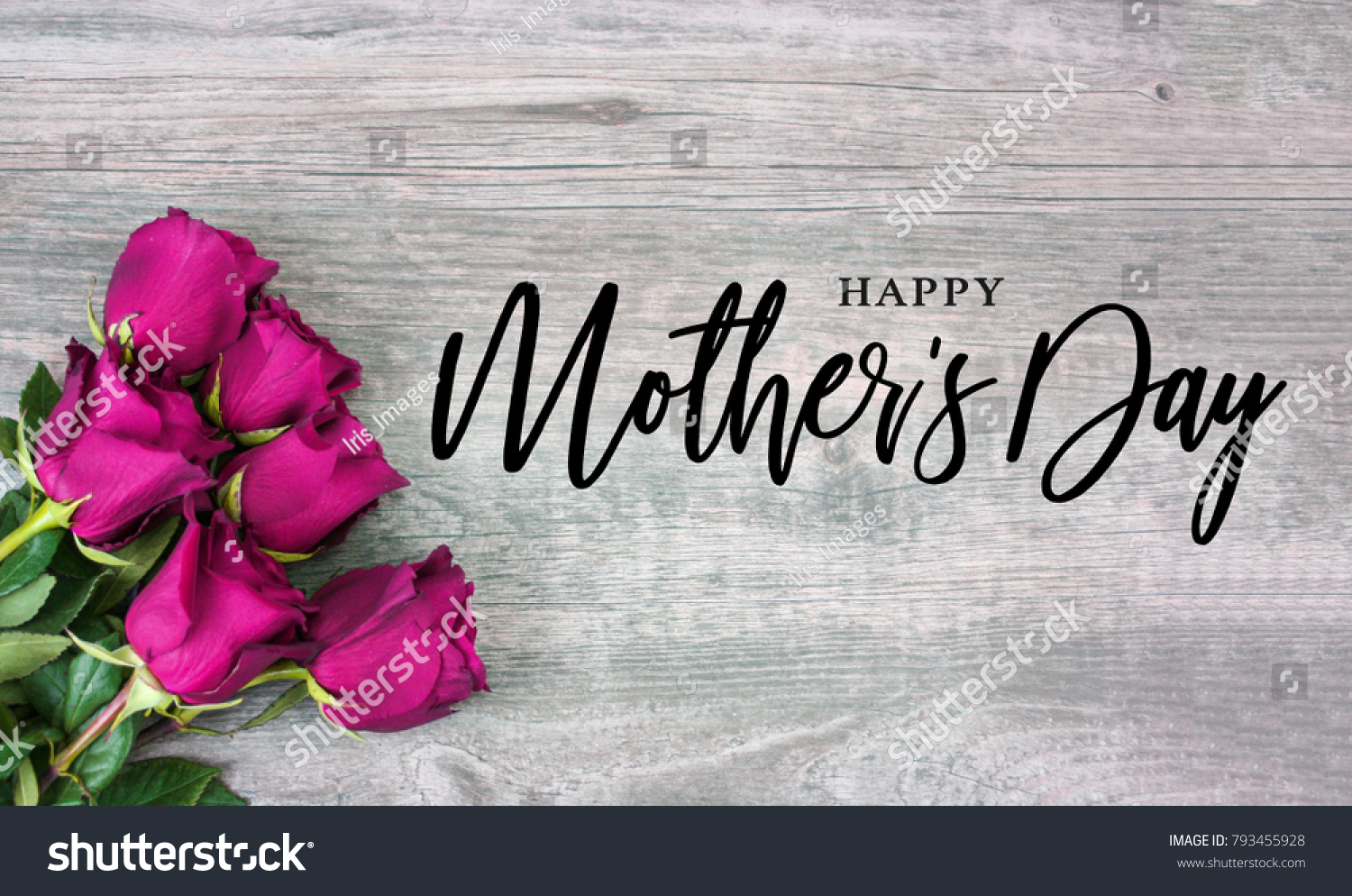 Happy Mother's Day Calligraphy with Pink Roses Over Rustic Wood Background #793455928