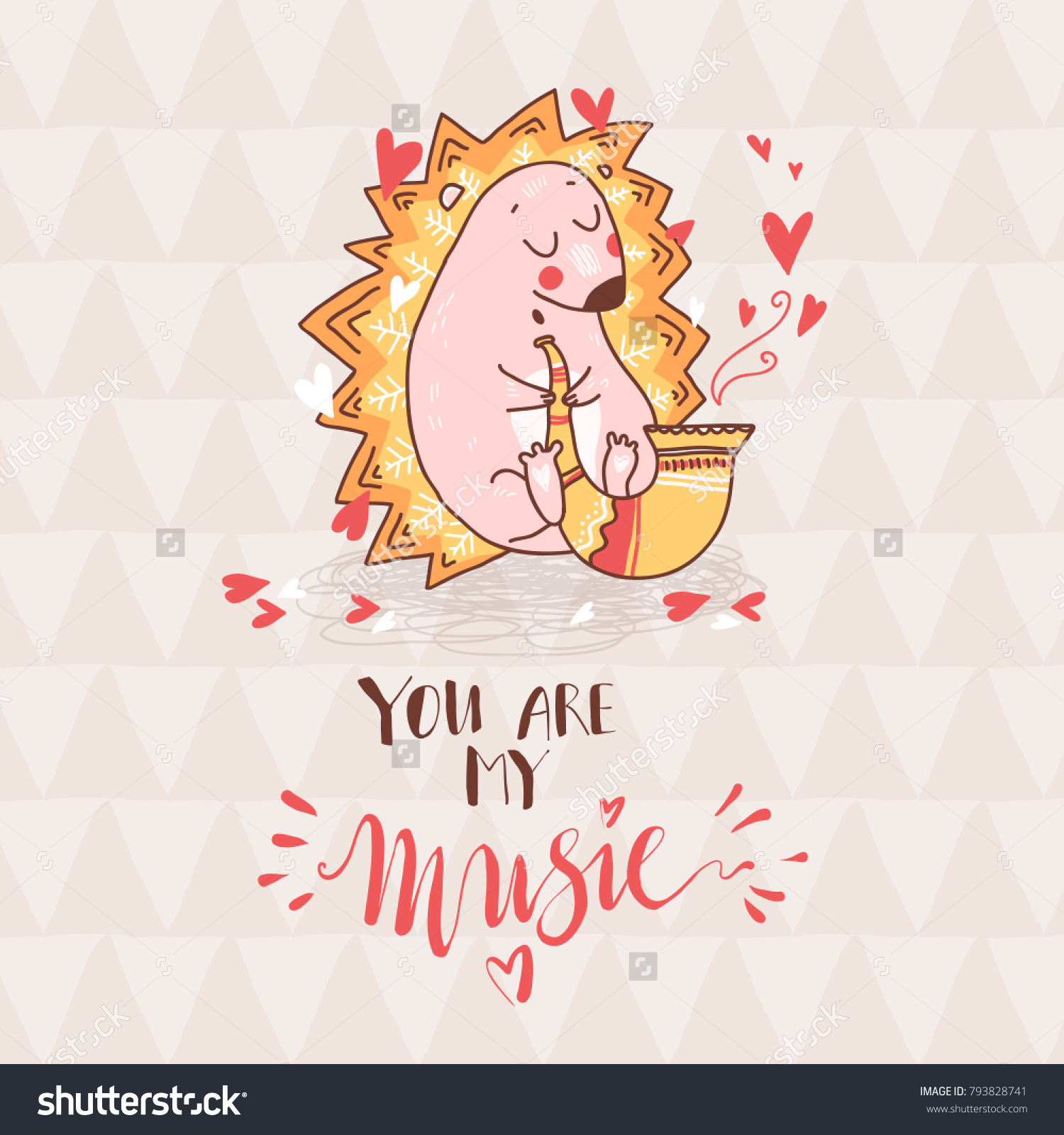 Cute cartoon dreaming hedgehog play saxophone, funny doodle romantic print. hand drawn letterin. You are my music. Vector illustration #793828741