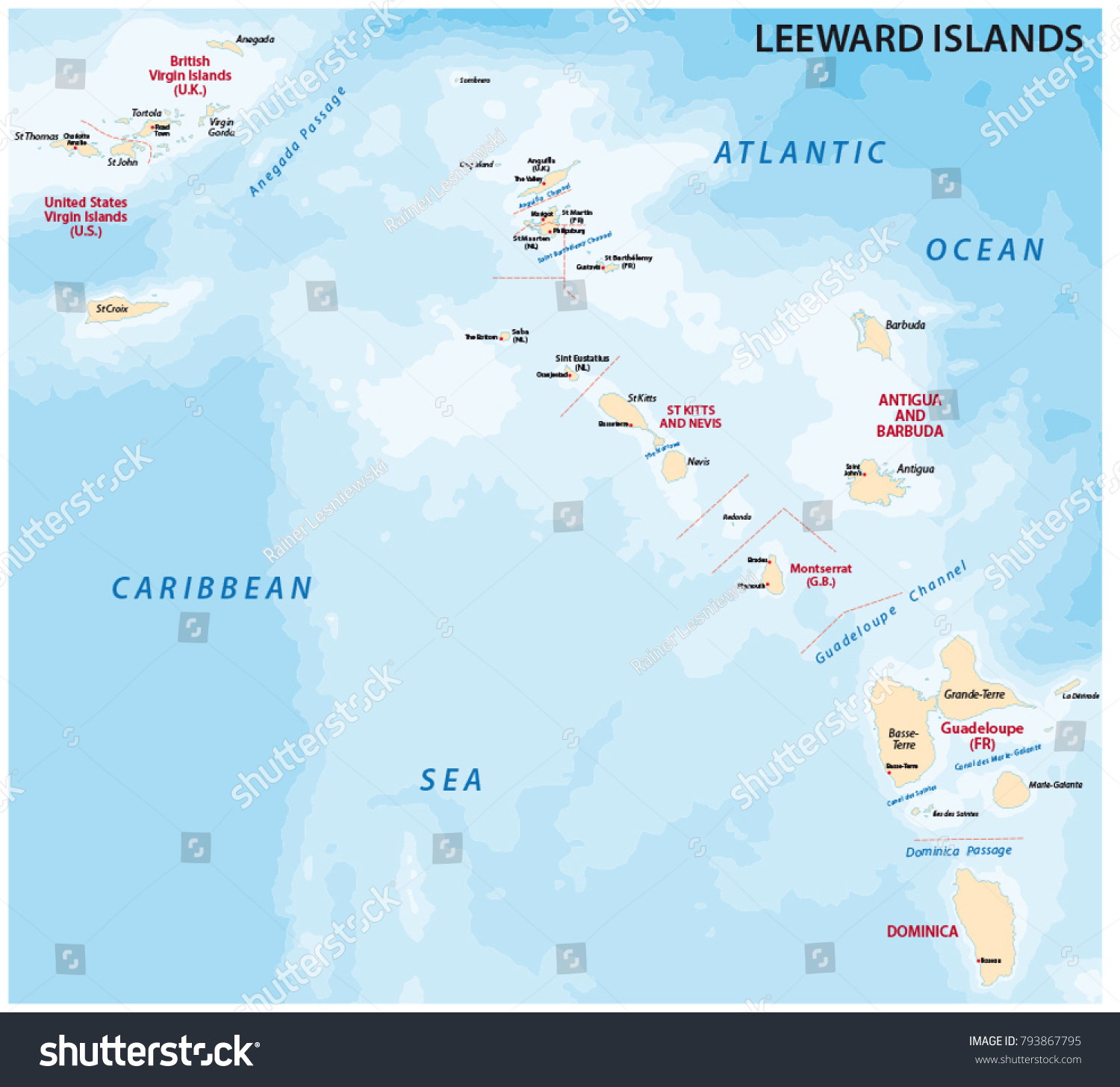 Map of leeward islands, Caribbean island group. - Royalty Free Stock ...