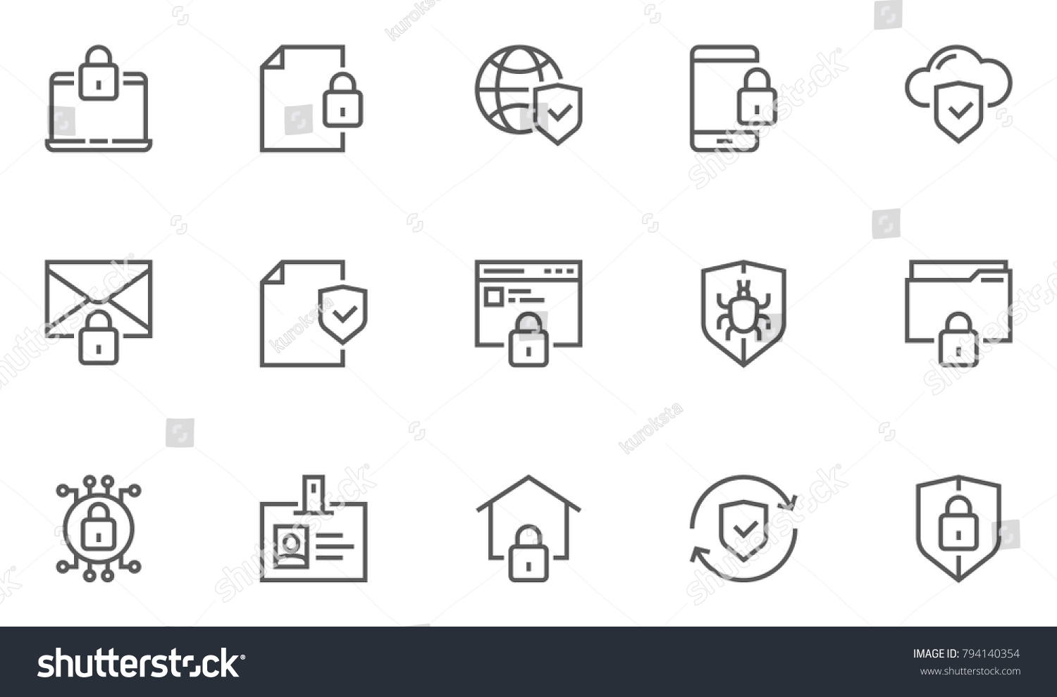 Protection and Security Vector Line Icons Set. Business Data Protection Technology, Cyber Security, Computer Network Protection. Editable Stroke. 48x48 Pixel Perfect. #794140354