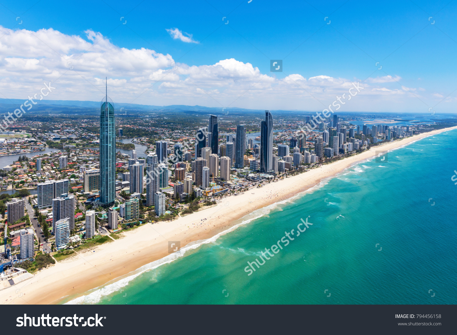 Sunny aerial view of Surfers Paradise looking inland on the Gold Coast, Queensland, Australia #794456158