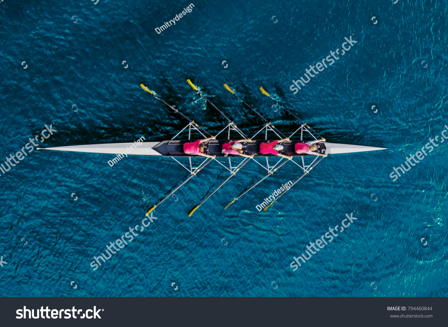 Women's rowing team on blue water, top view #794460844