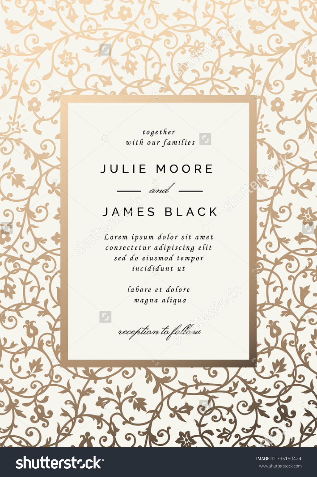 Vintage Wedding Invitation template with golden floral background. Vector illustration #795150424