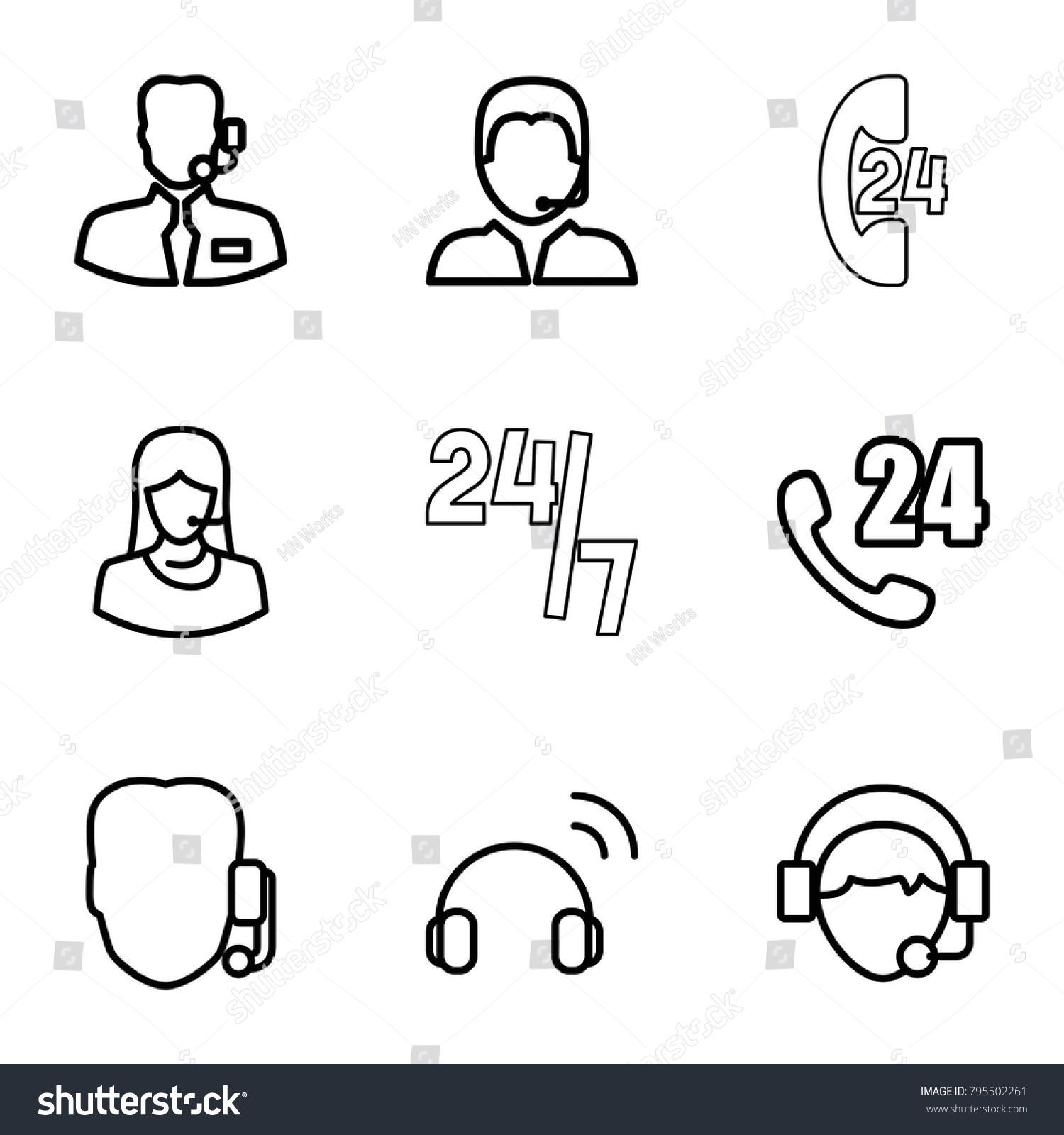 Operator icons. set of 9 editable outline operator icons such as 24 hours support, support, operator #795502261