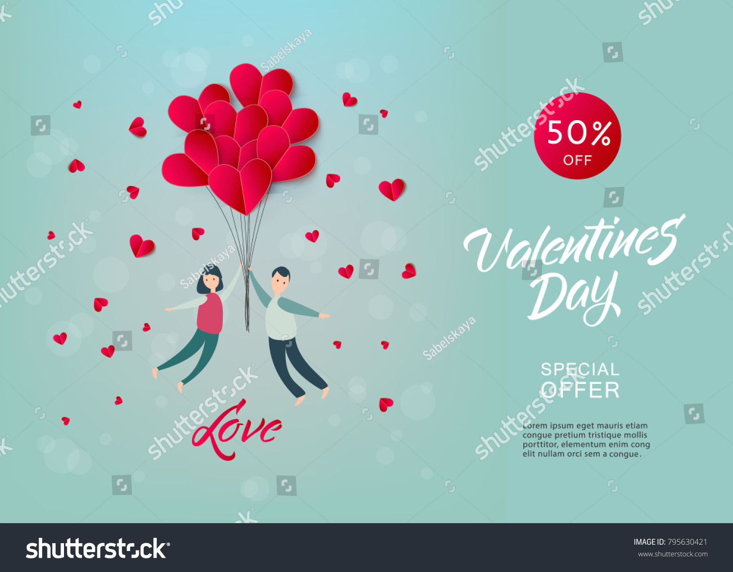 Vector happy valentines day illustration, invitation card, sale poster, party banner template - man and girl couple flying at paper origami hearts - air balloons at green background. #795630421