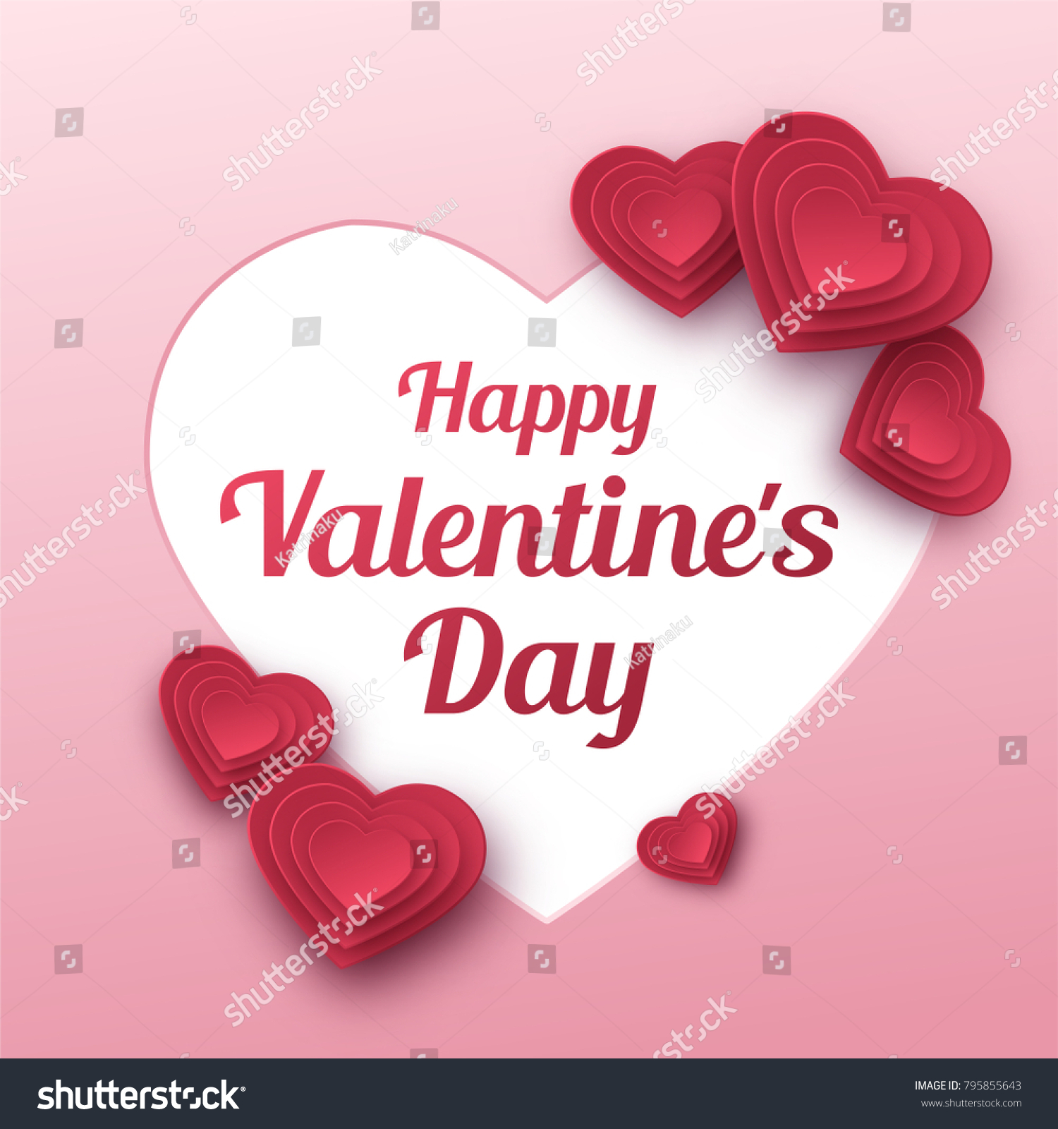 Happy Valentines Day greeting card. Paper art, love and wedding. Red paper hearts in style of origami. Vector #795855643