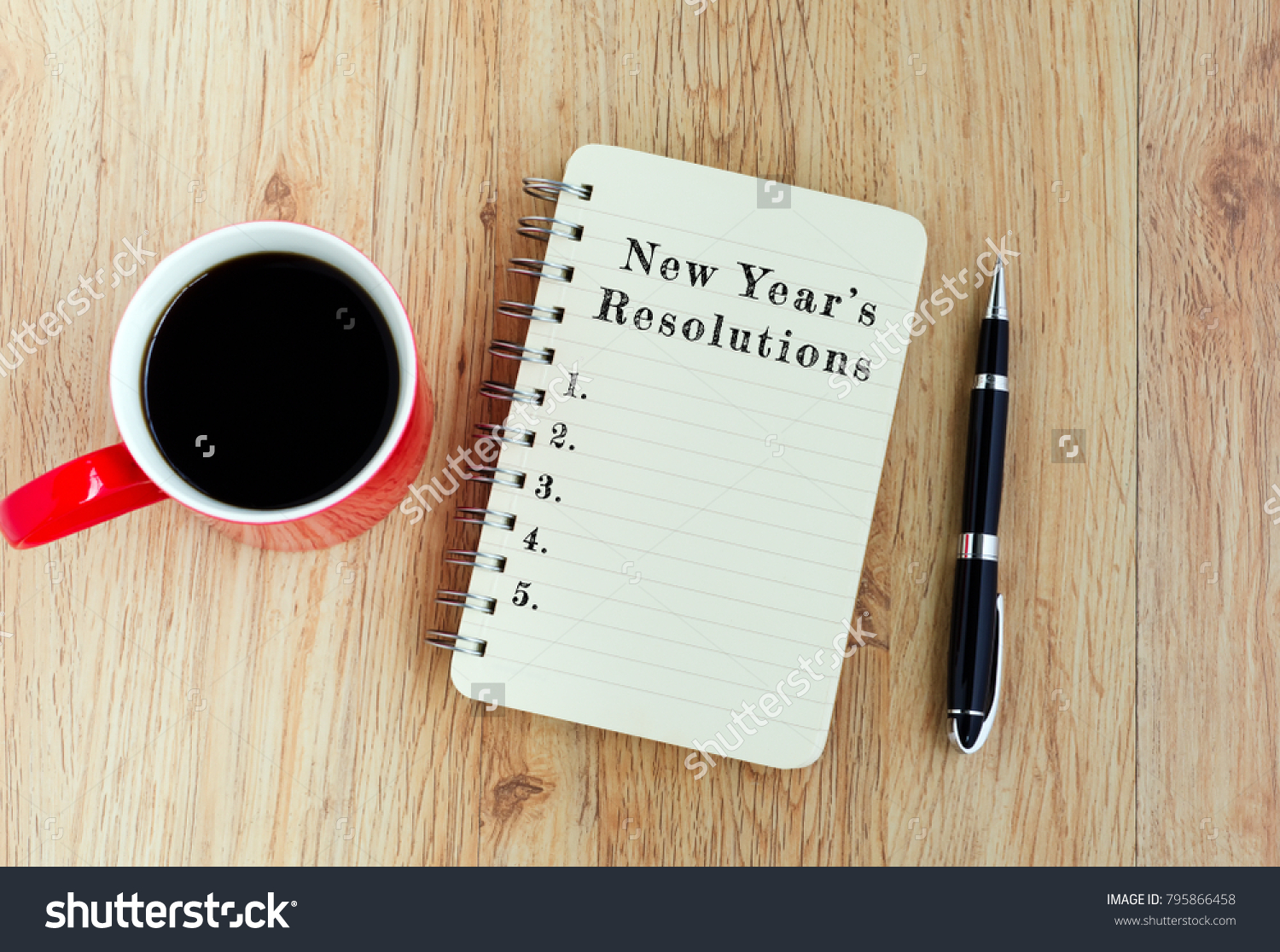 New Year's Resolutions text on notepad with pen and a cup of coffee, wooden background
 #795866458