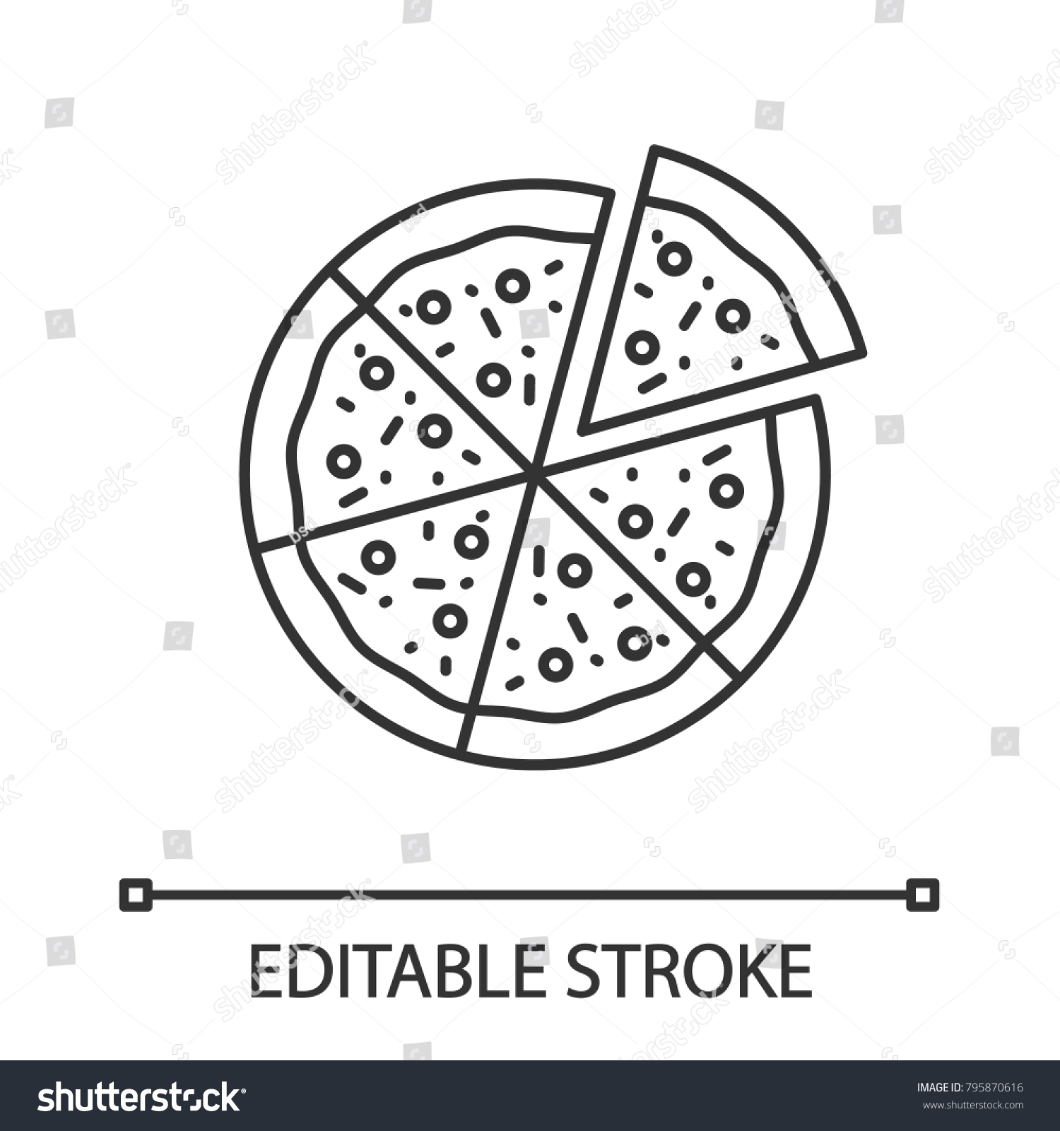 Pizza with one slice separated linear icon. Thin line illustration. Contour symbol. Vector isolated outline drawing. Editable stroke #795870616