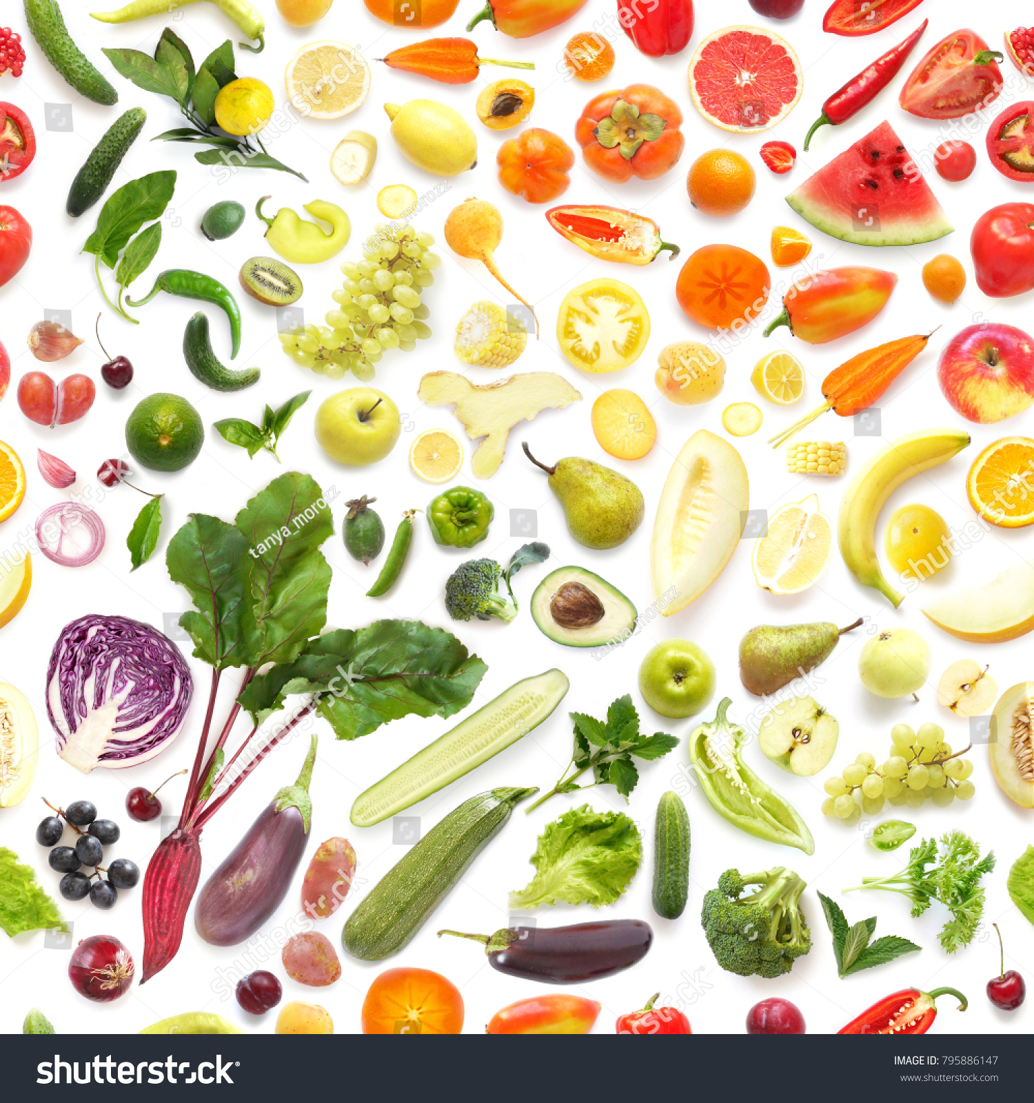  Seamless pattern of various fresh vegetables and fruits isolated on white background, top view, flat lay. Composition of food, concept of healthy eating. Food texture. #795886147