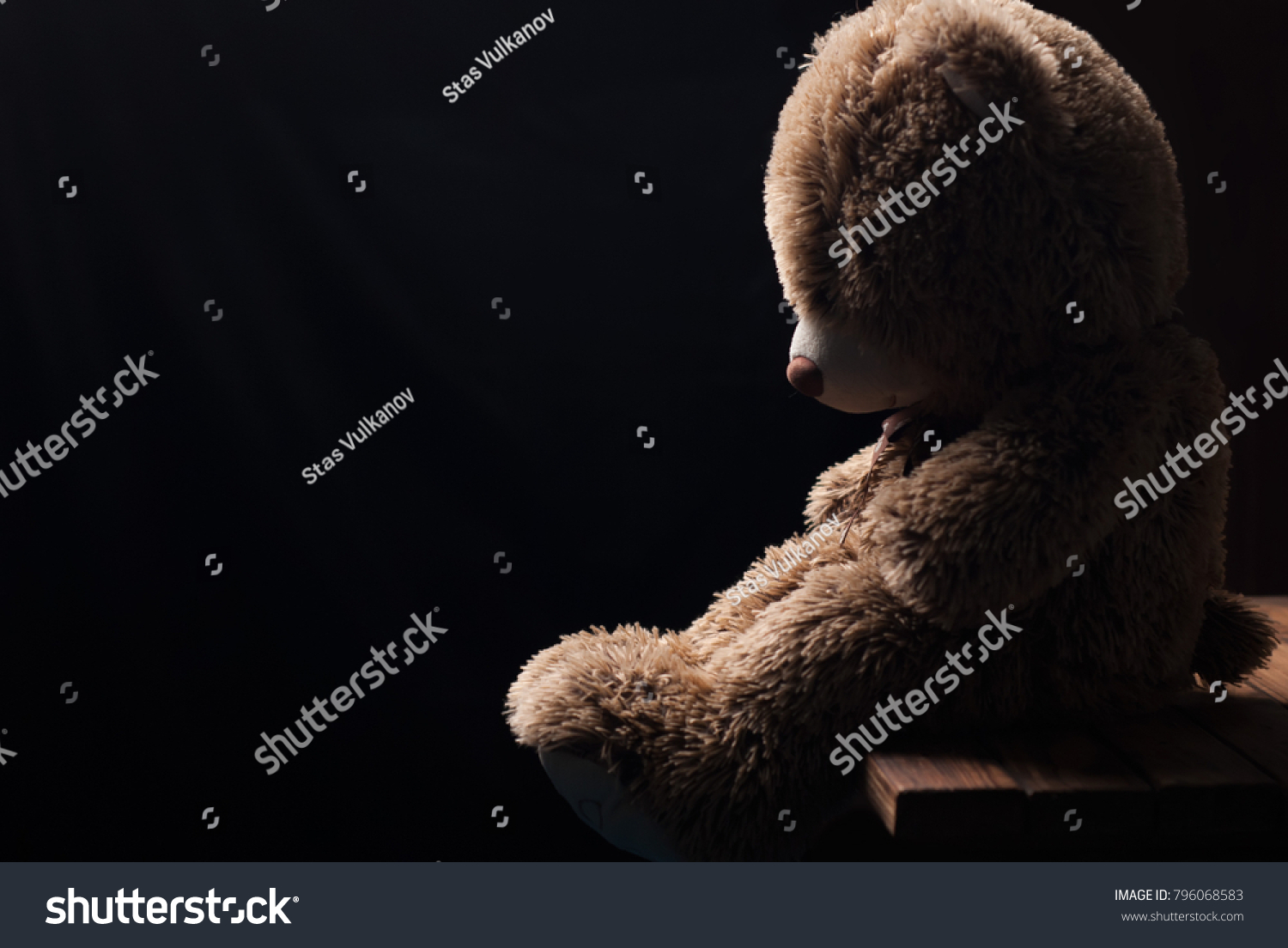 A lone Teddy bear sitting in the dark, side view, forgotten toy #796068583