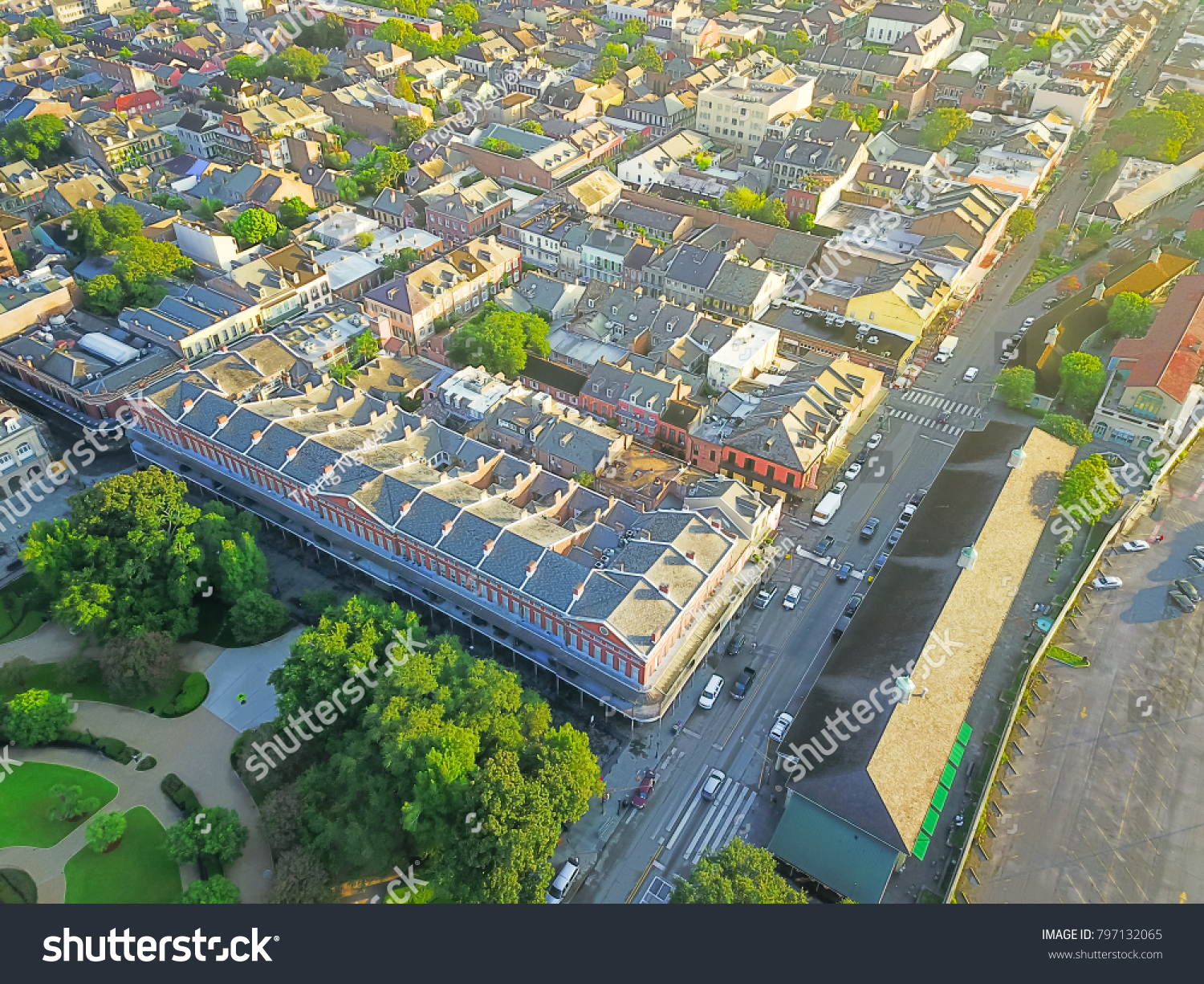 Aerial view French Quarter with extant historical buildings from 19th century and part of Jackson Square. The historic district section of the city of New Orleans, Louisiana, USA. #797132065