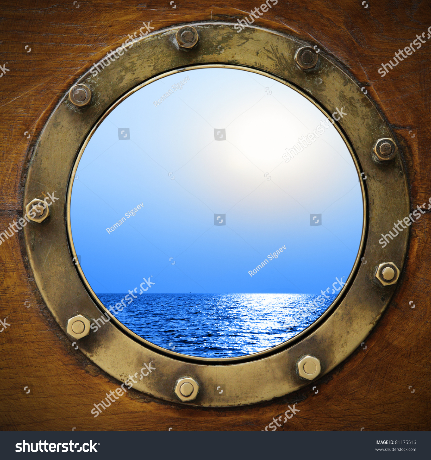 Boat porthole with ocean view close up #81175516