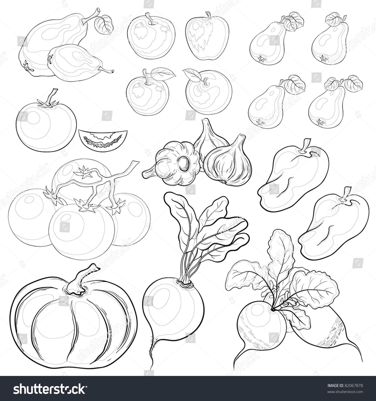 set: various vegetables and fruits, monochrome contours #82067878